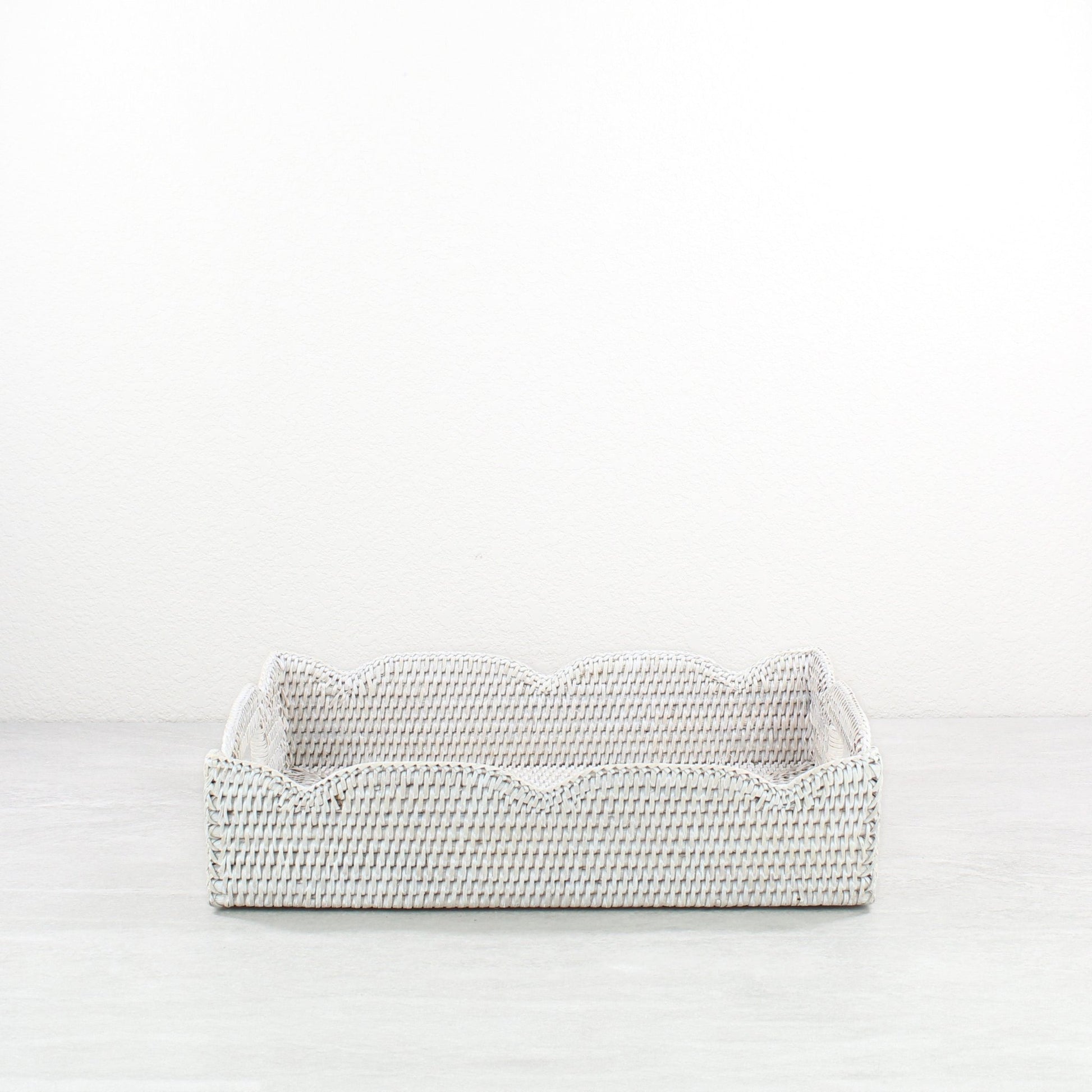 Eco Handcraft whitewash scalloped rattan tray for elegant bathroom or vanity styling