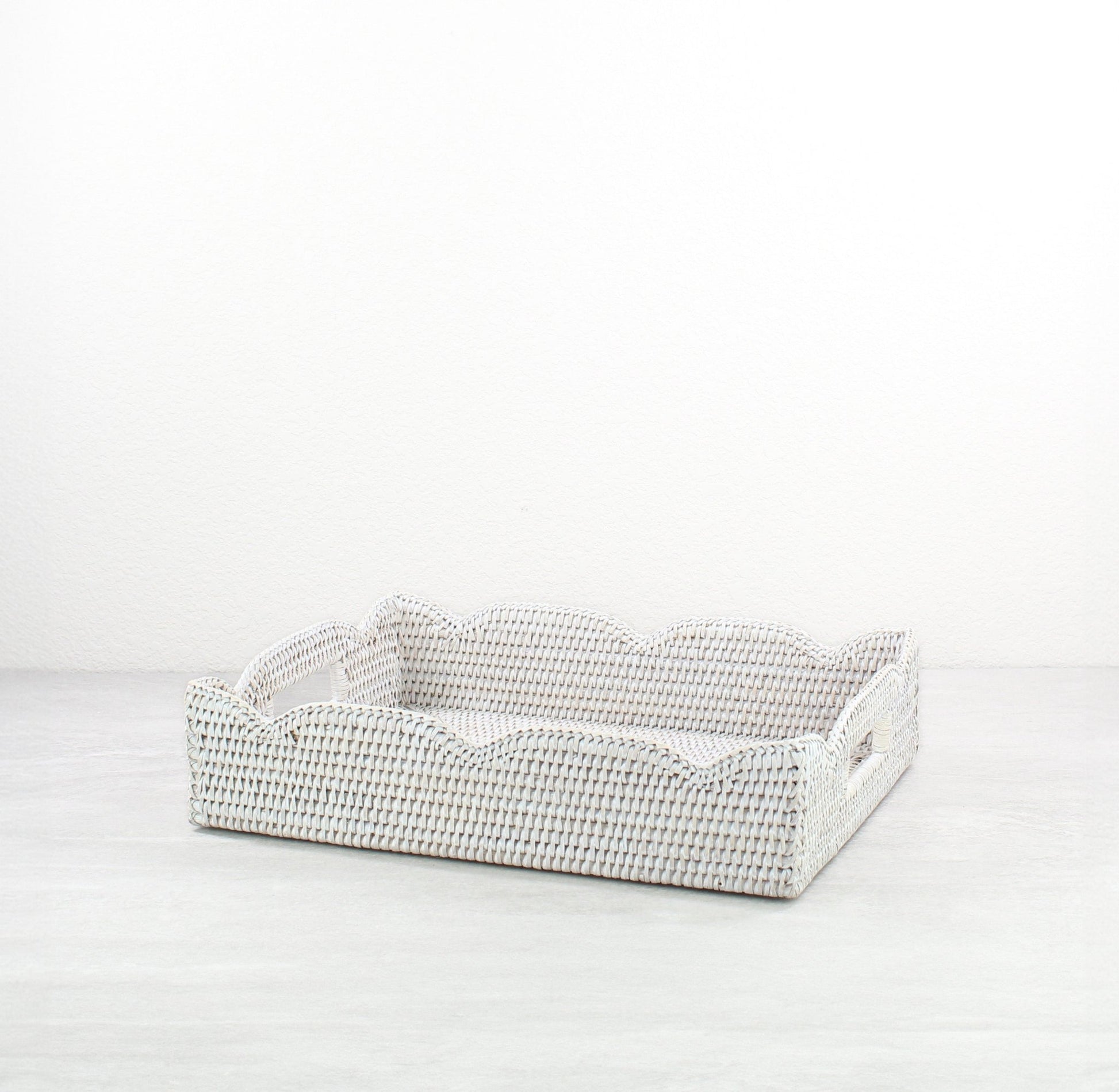 Eco Handcraft scalloped rattan serving tray with handles, perfect for spa, vanity, or bathroom display