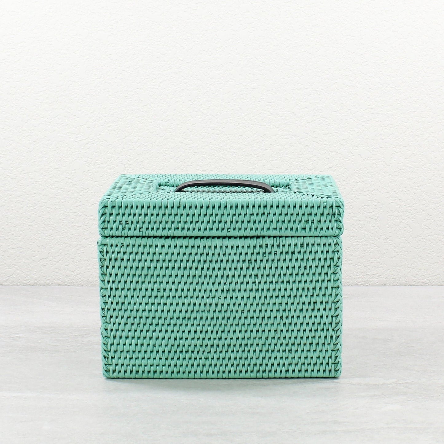 Eco Handcraft turquoise rattan make up box with handle, ideal for stylish U.S. bathroom or guest room organization
