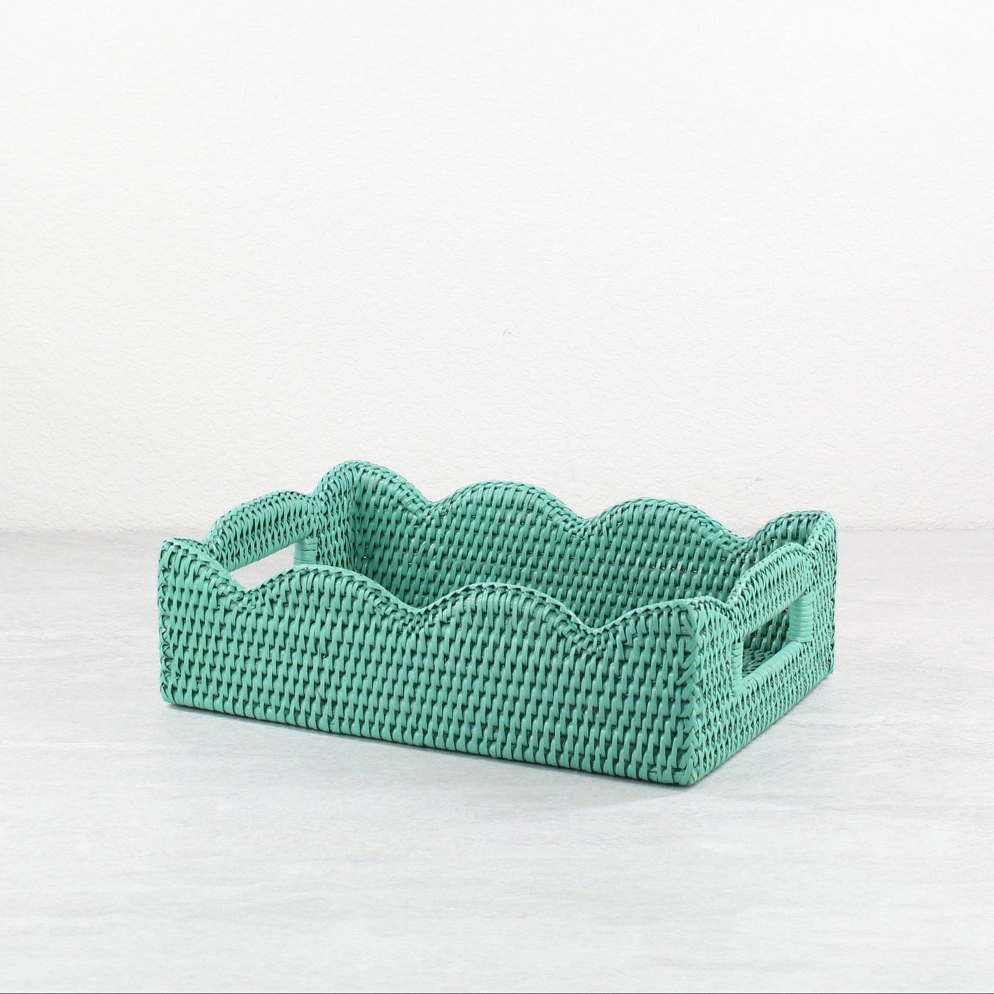 Eco Handcraft turquoise rattan scalloped tray, ideal for modern U.S. living spaces