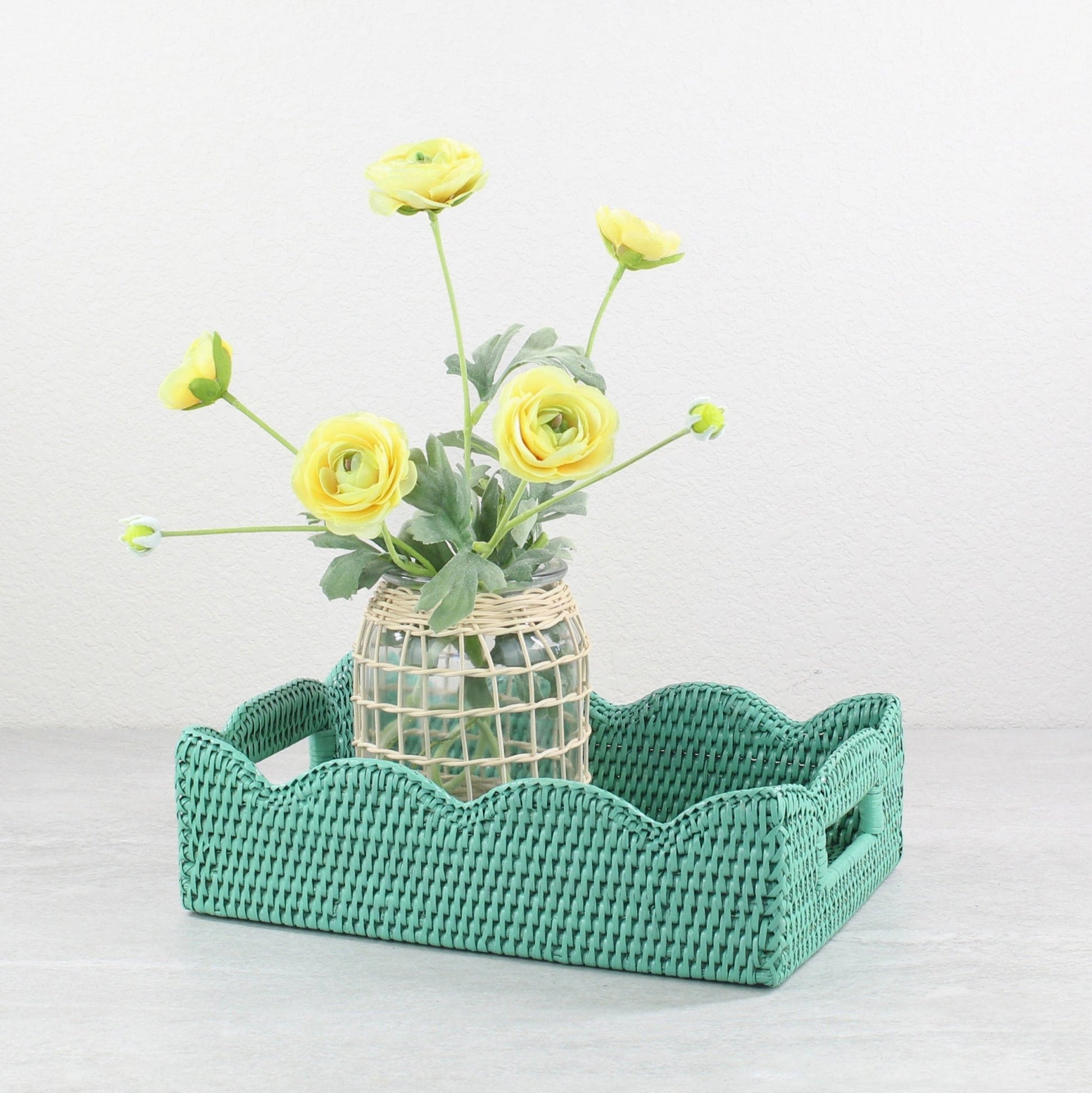 Eco Handcraft small turquoise rattan scalloped tray styled with yellow florals, ideal for modern U.S. living spaces
