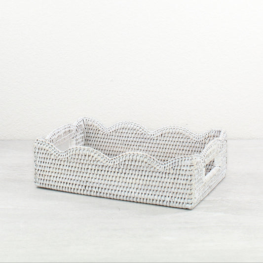 Whitewash scalloped rattan tray with cutout handles for elegant bathroom, vanity, or entryway organization