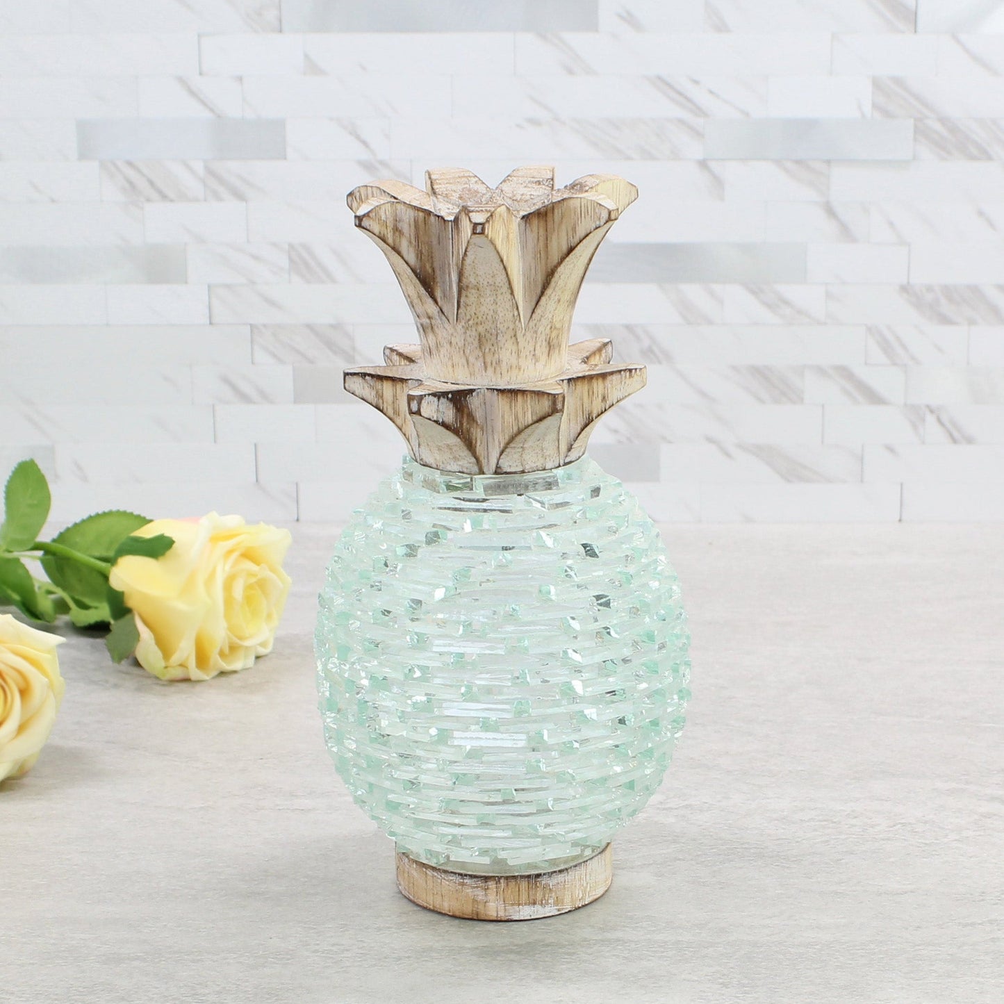Large handmade pineapple glass and wood tea light holder with whitewashed finish, perfect for tropical or coastal home decor accent.