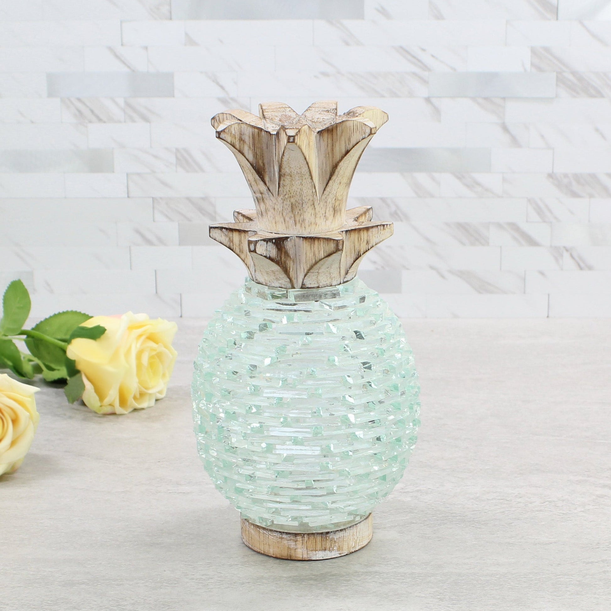 Large handmade pineapple glass and wood tea light holder with whitewashed finish, perfect for tropical or coastal home decor accent.