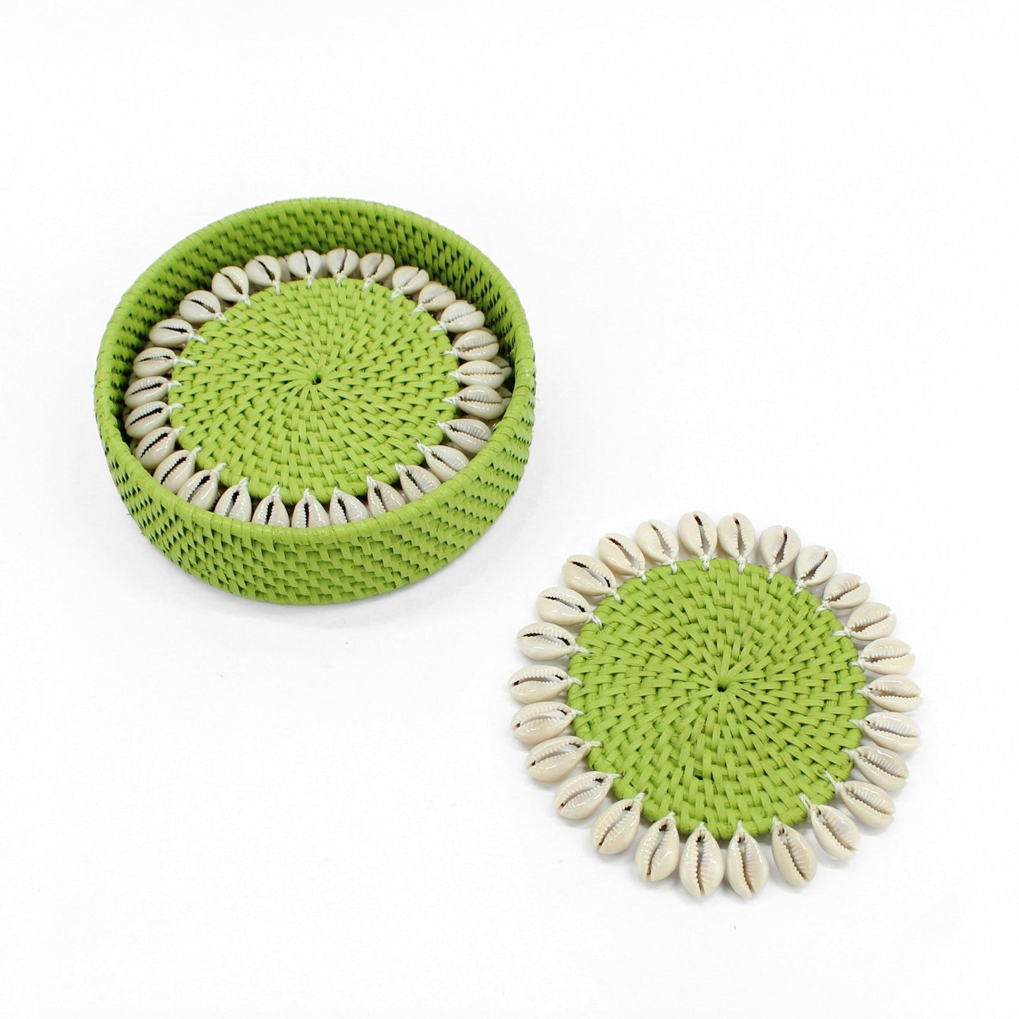 Set of 4 lime green seashell-trimmed rattan coasters with holder, eco-friendly and handmade