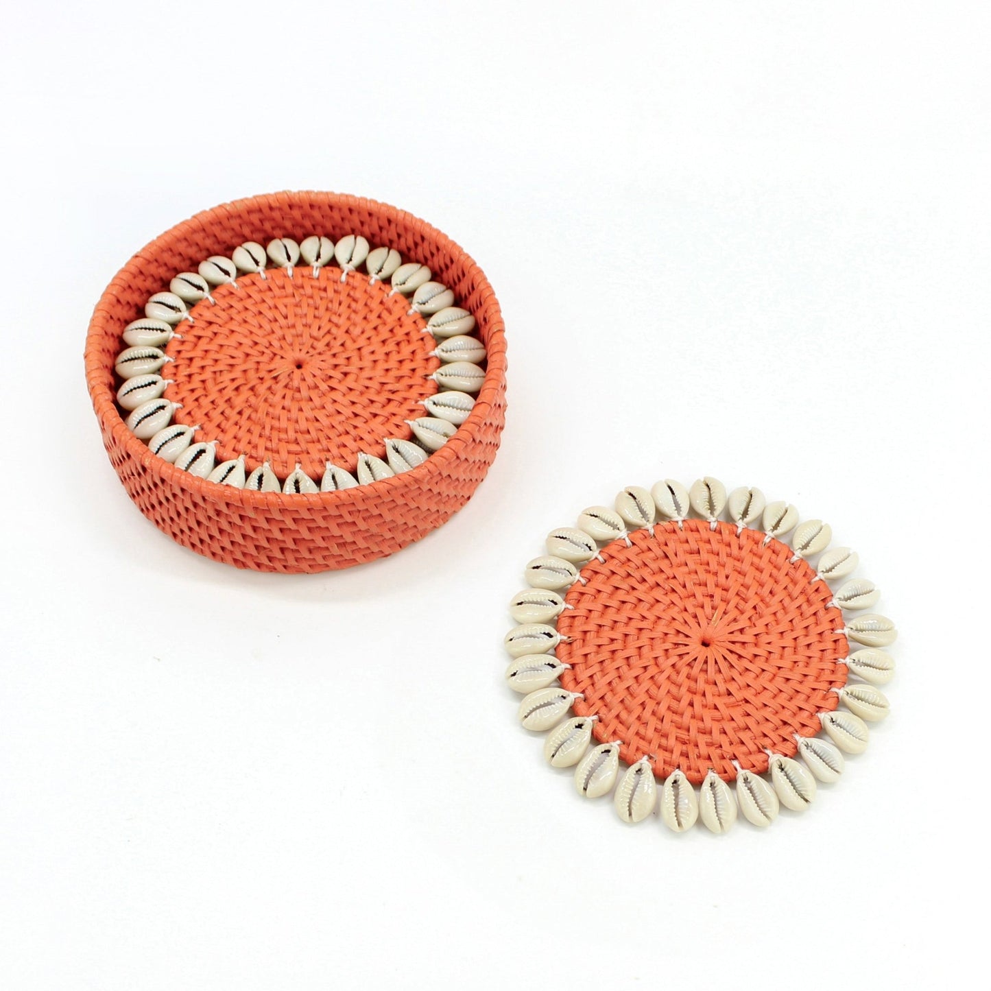 Set of 4 orange seashell-trimmed rattan coasters with holder, eco-friendly and handmade