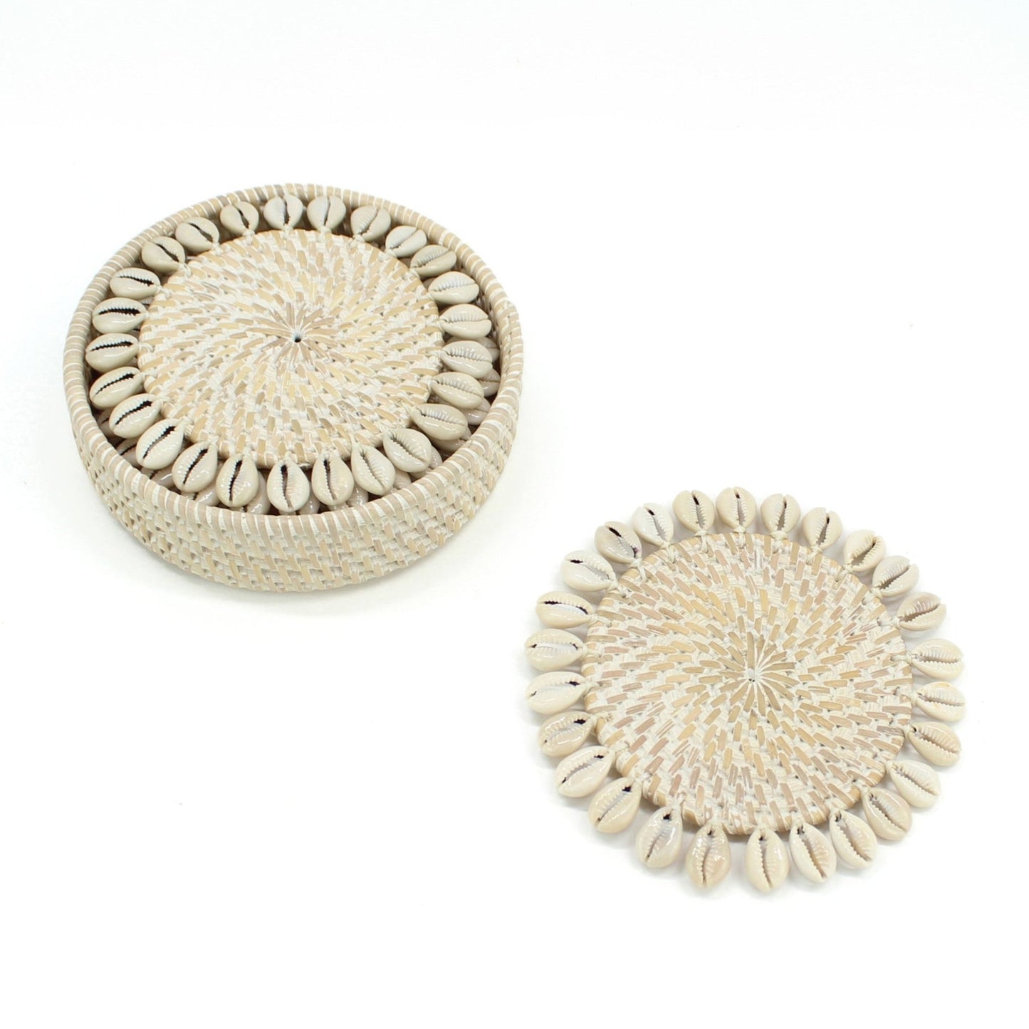 Set of 4 whitewash seashell-trimmed rattan coasters with holder, eco-friendly and handmade