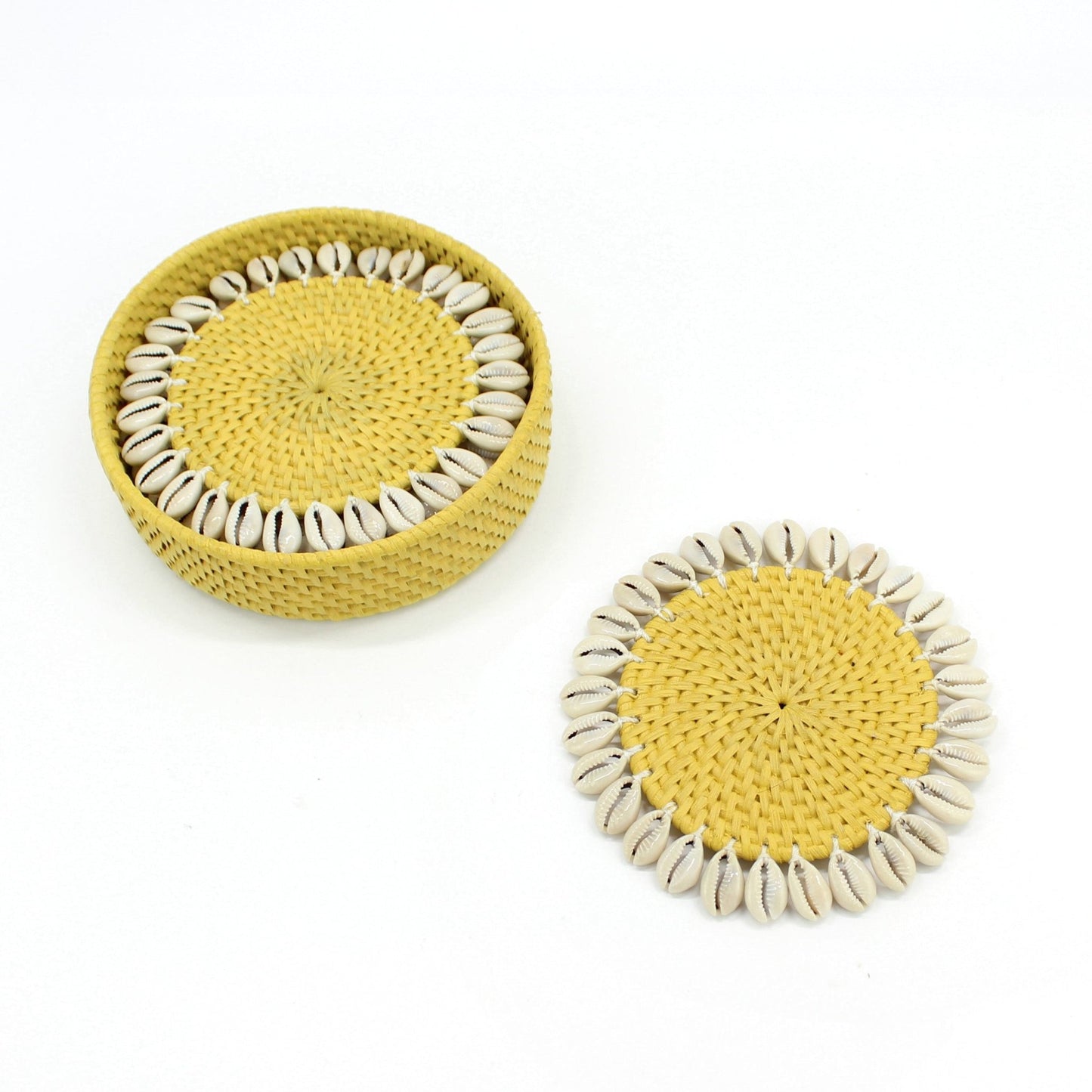 Set of 4 yellow seashell-trimmed rattan coasters with holder, eco-friendly and handmade