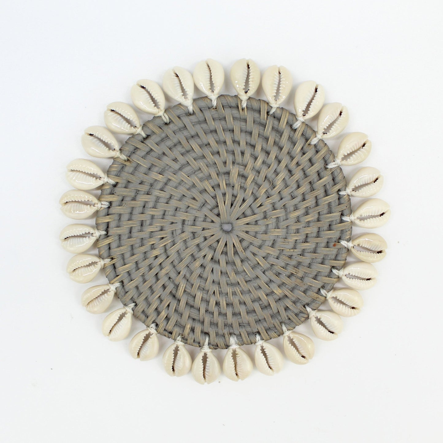 grey seashell-trimmed rattan coasters with holder, eco-friendly and handmade