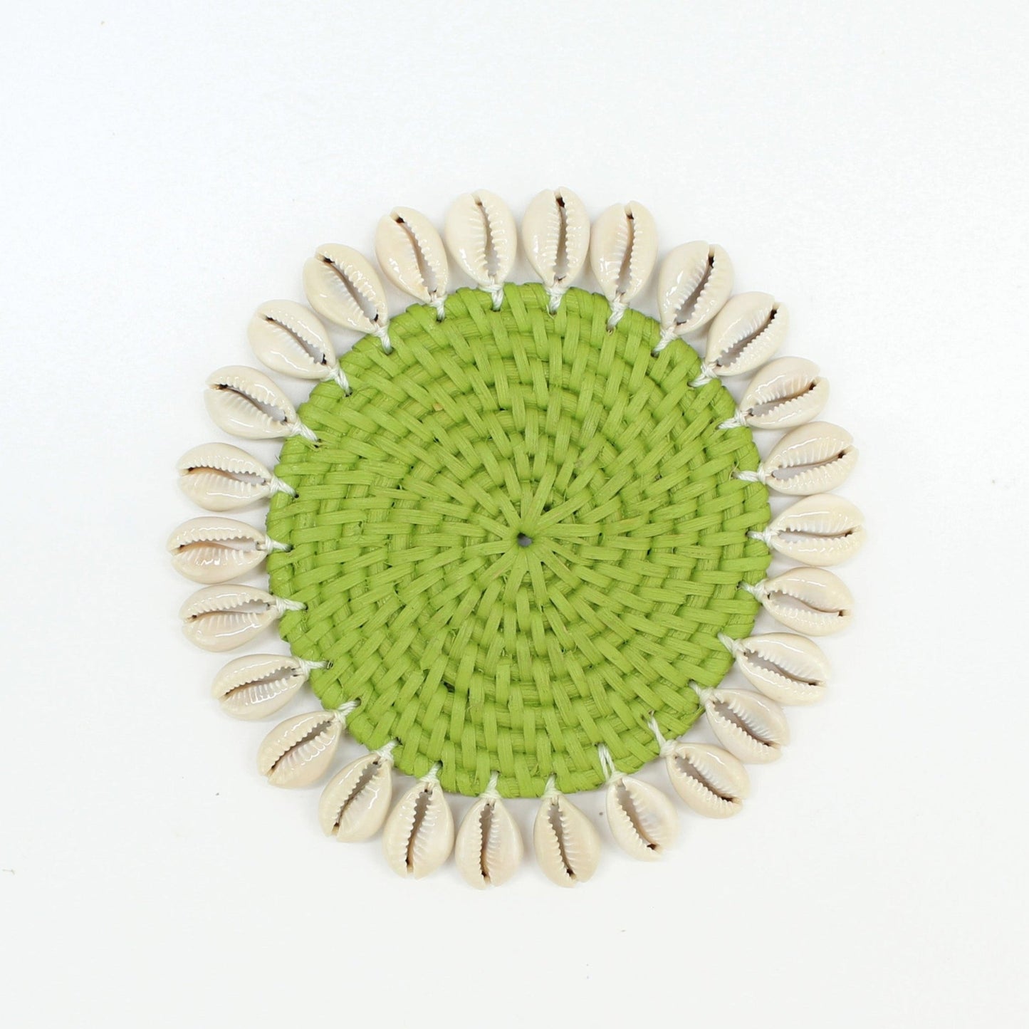 lime green seashell-trimmed rattan coasters with holder, eco-friendly and handmade