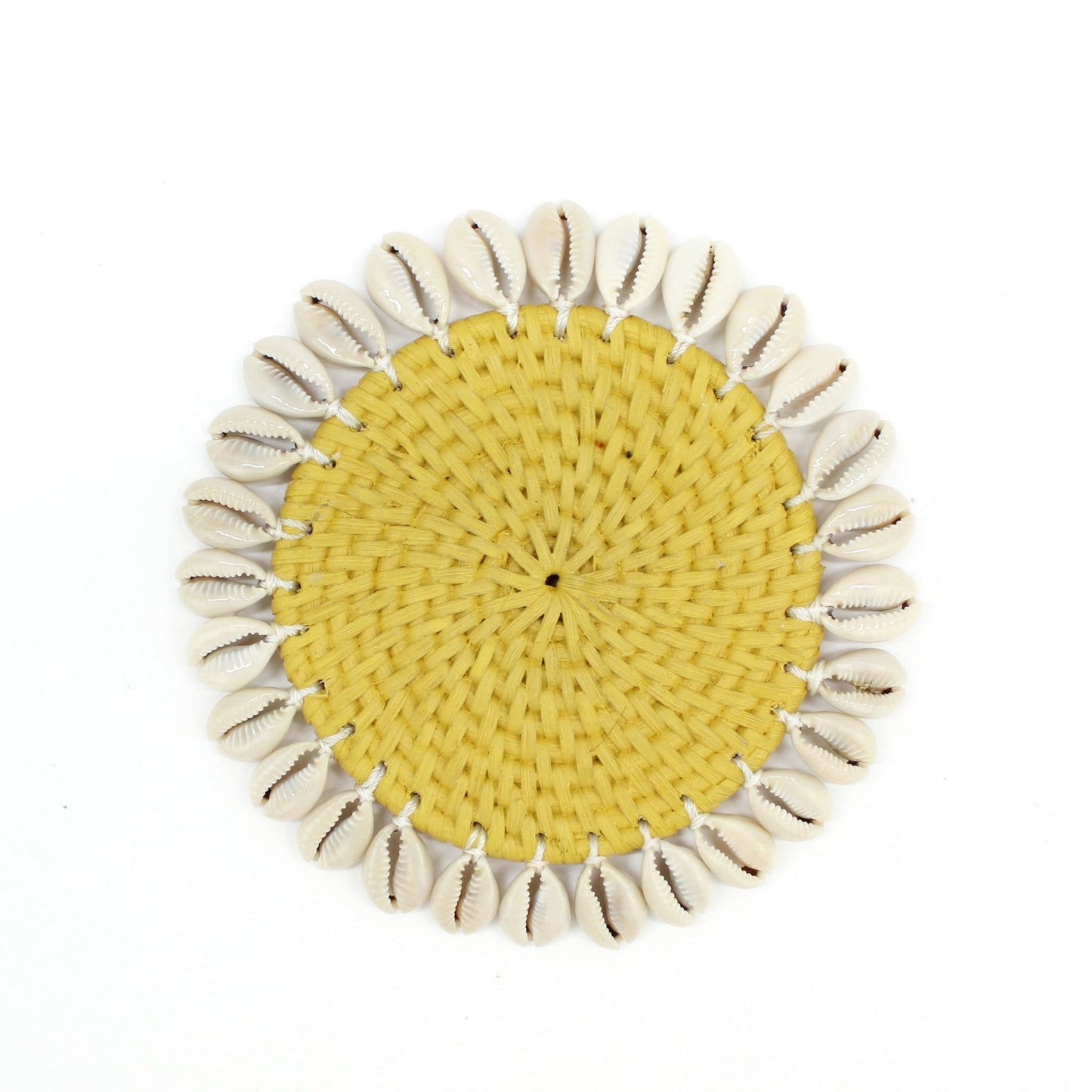 yellow seashell-trimmed rattan coasters, eco-friendly and handmade