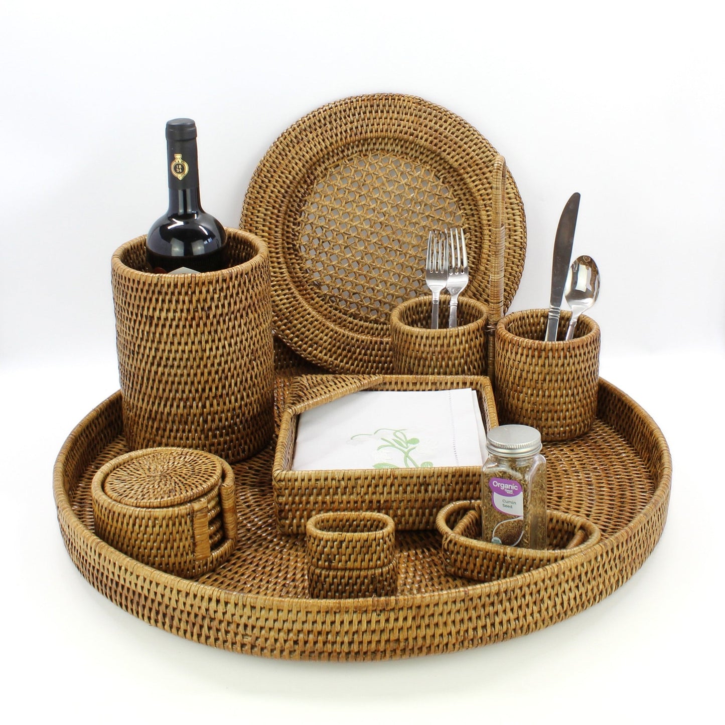 ECO HANDCRAFT honey brown rattan dining set with trays, coasters, wine holder, and utensils for elegant rustic tables
