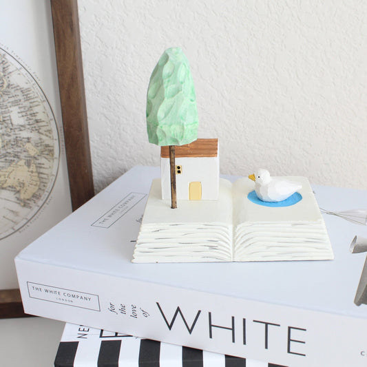 Handcrafted Miniature Book Set - House, Tree, and Bird Sculpture