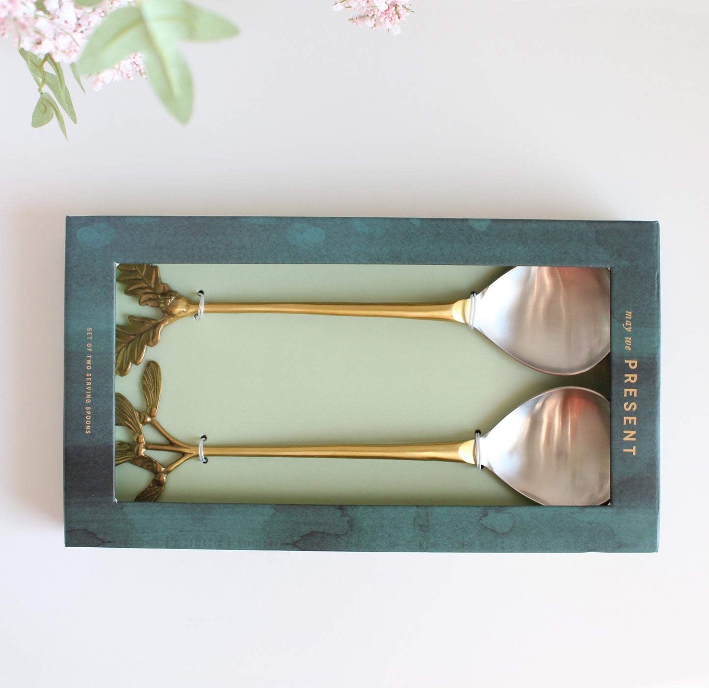 Herb-shaped brass serving utensils, handcrafted hostess gift set of two-5