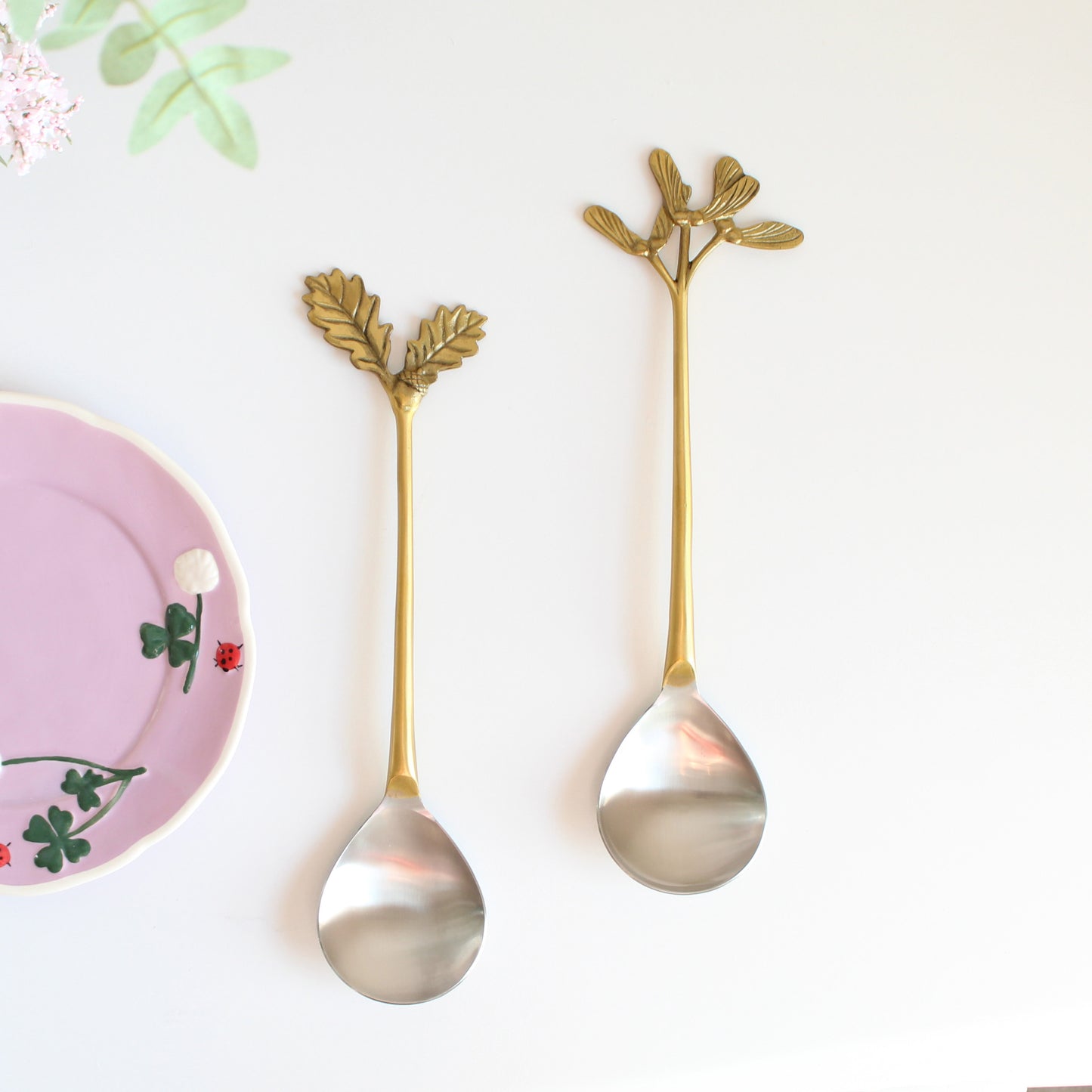 Herb-shaped brass serving utensils, handcrafted hostess gift set of two-4