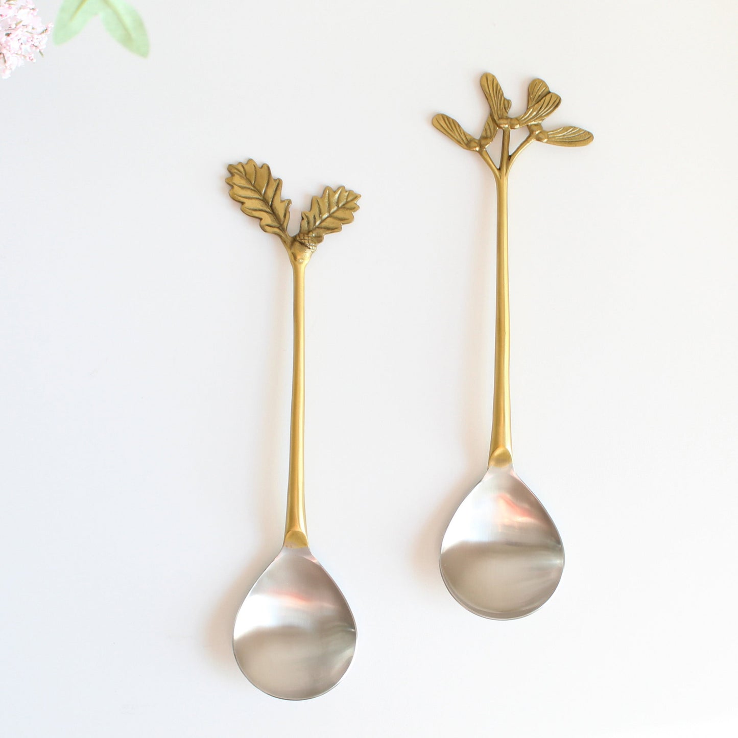 Herb-shaped brass serving utensils, handcrafted hostess gift set of two-1