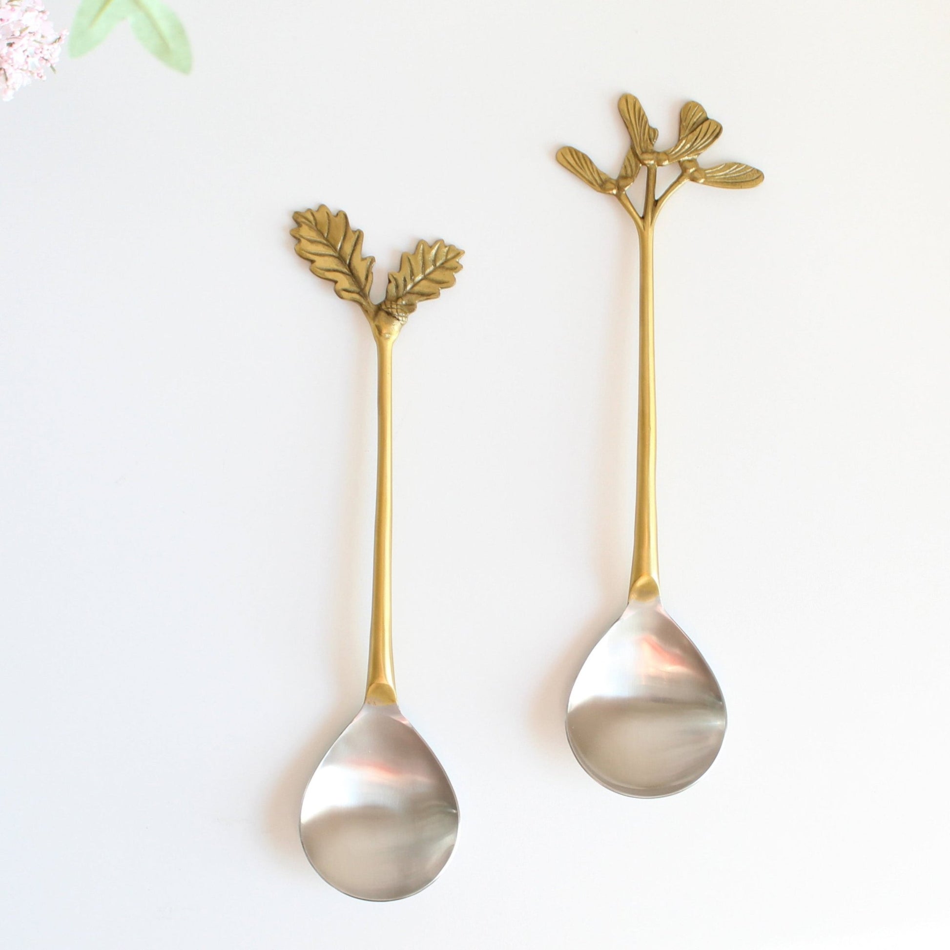 Herb-shaped brass serving utensils, handcrafted hostess gift set of two-1