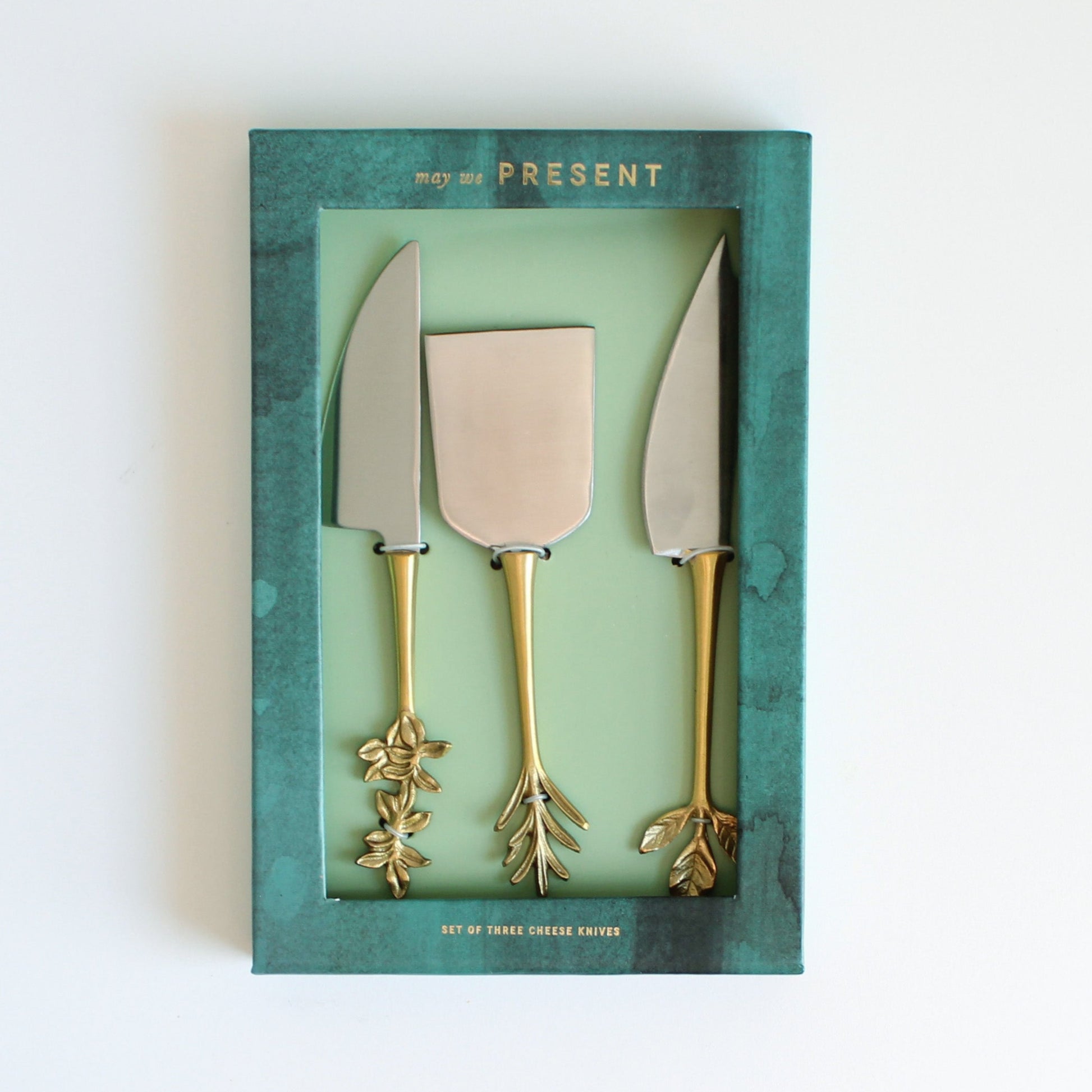 Brass cheese knife set with herb-shaped handles-2