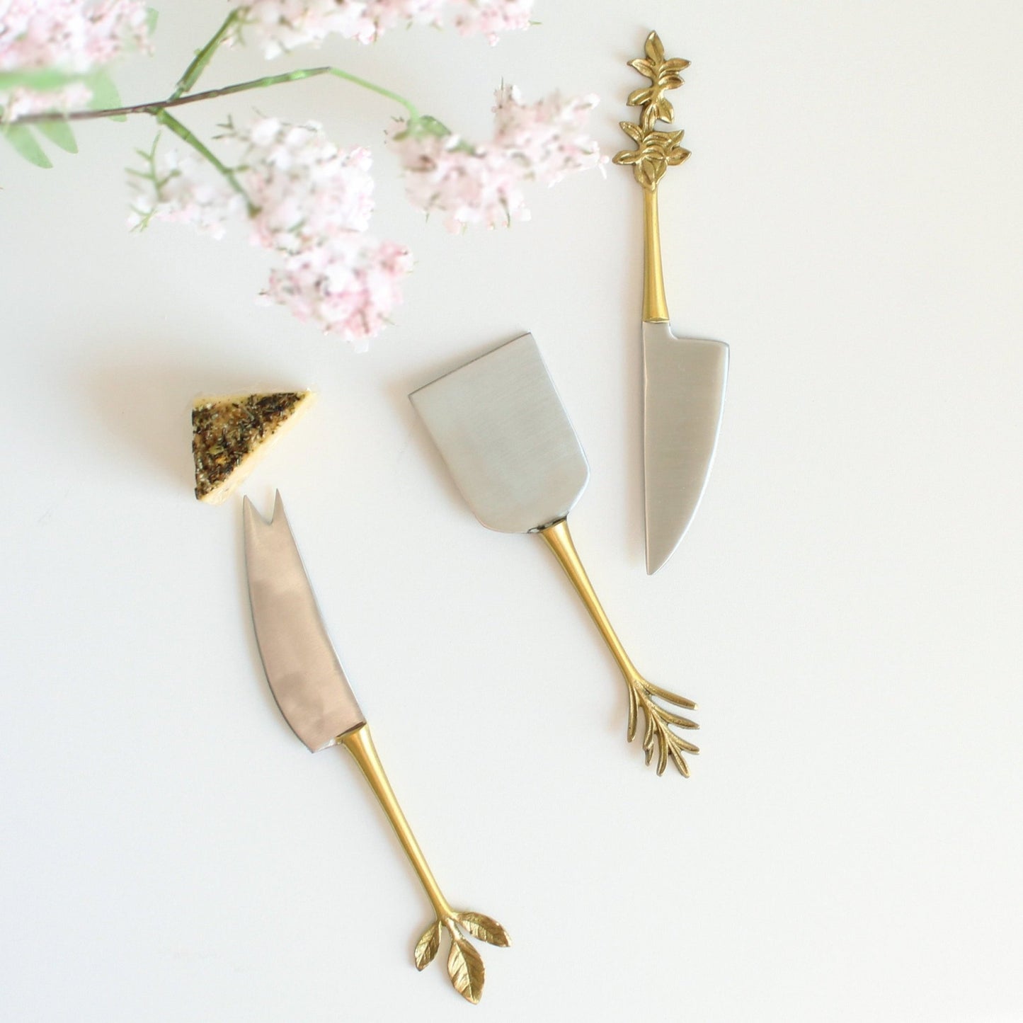 Brass cheese knife set with herb-shaped handles-1