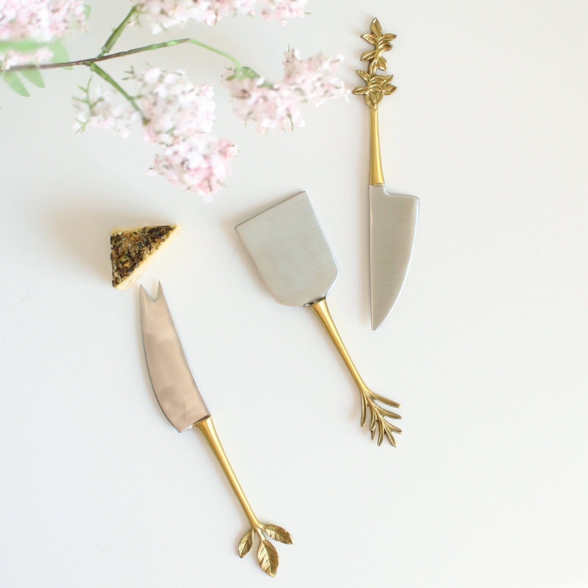 Brass cheese knife set with herb-shaped handles-1