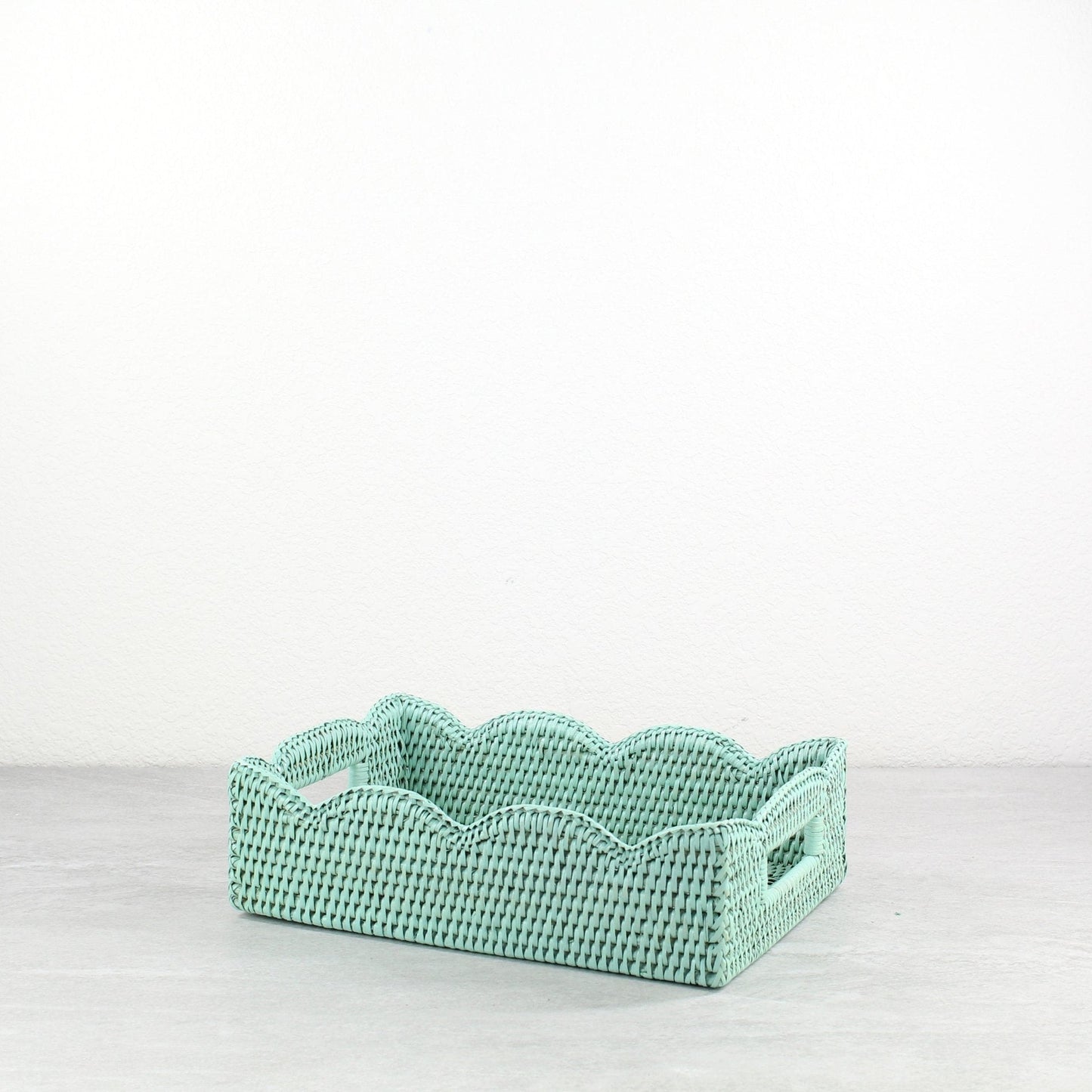 ECO HANDCRAFT sage green scalloped edge rattan tray with cutout handles for bath, vanity, or shelf styling