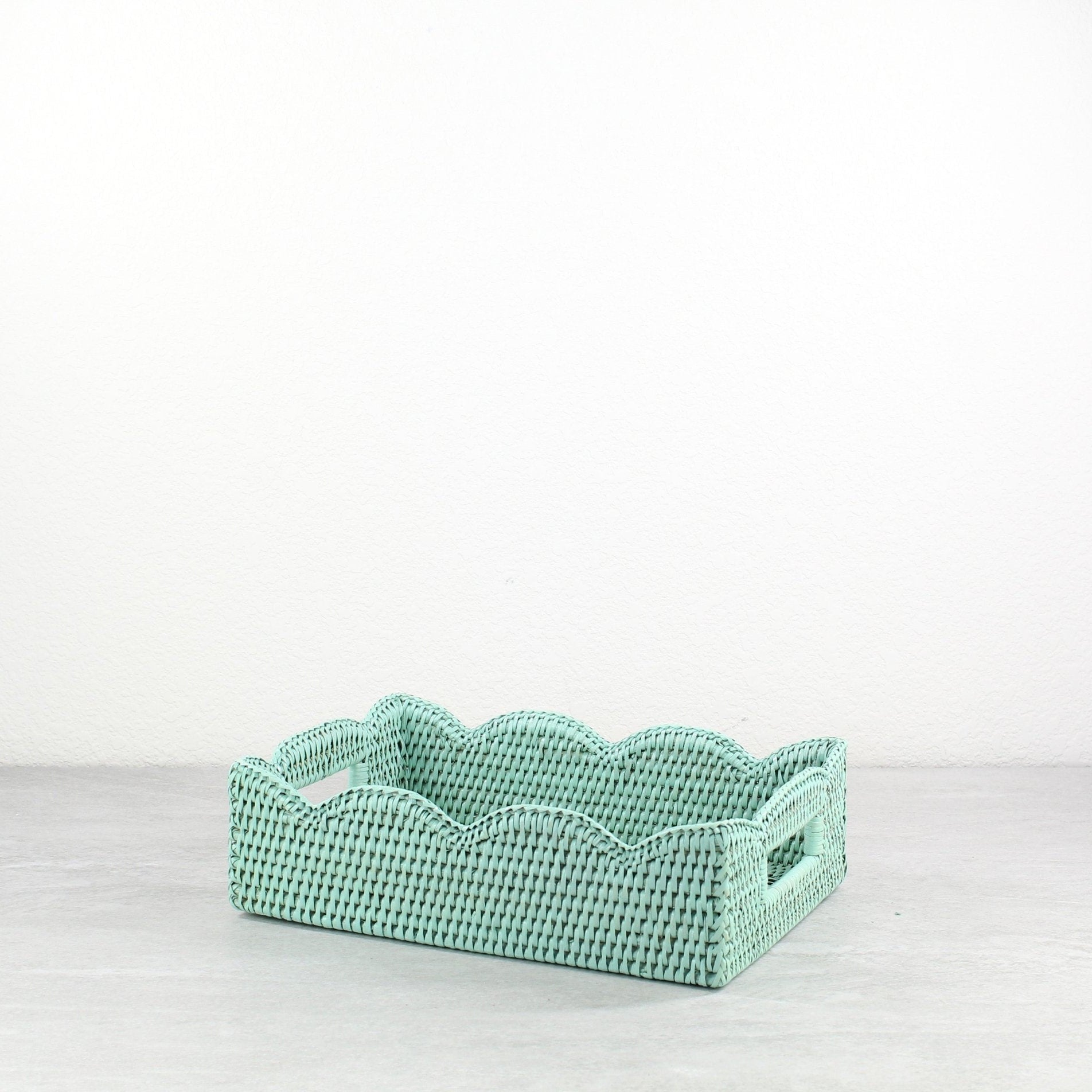 ECO HANDCRAFT sage green scalloped edge rattan tray with cutout handles for bath, vanity, or shelf styling
