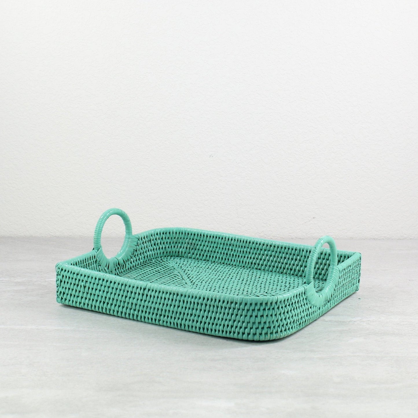 Eco Handcraft turquoise rattan serving tray with round handles, perfect for bathroom display or coffee table styling