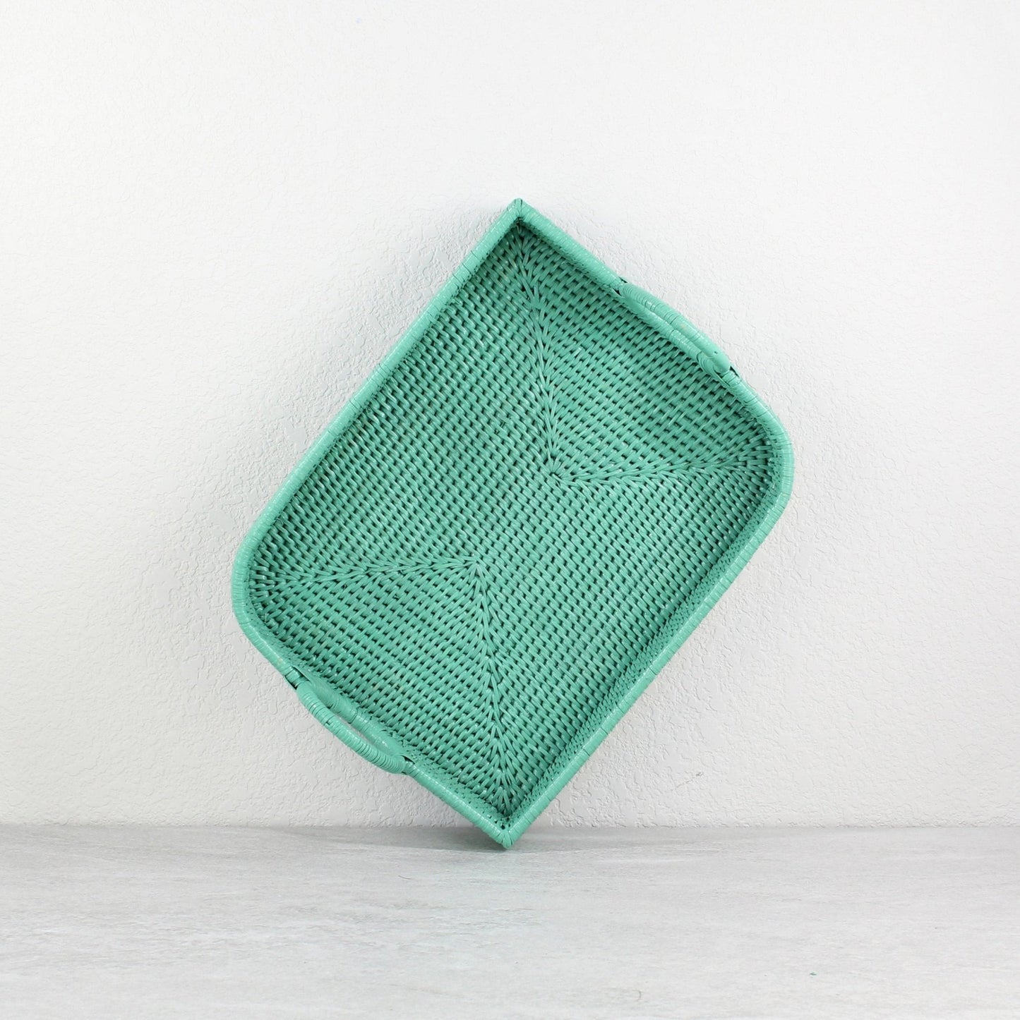 Eco Handcraft handmade turquoise rattan tray, perfect for organizing jewelry or cosmetics
