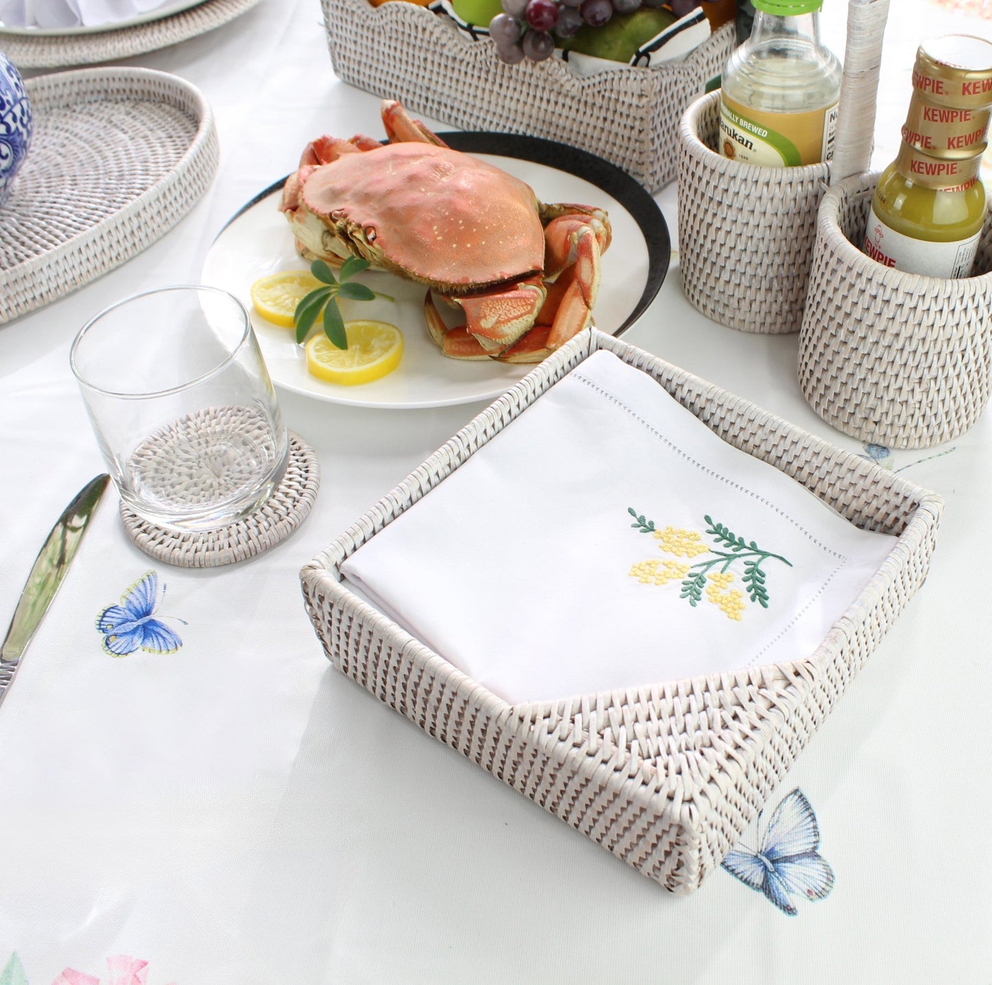 Eco Handcraft rattan napkin holder and condiment cups – handmade whitewash accents for elegant seafood table setting