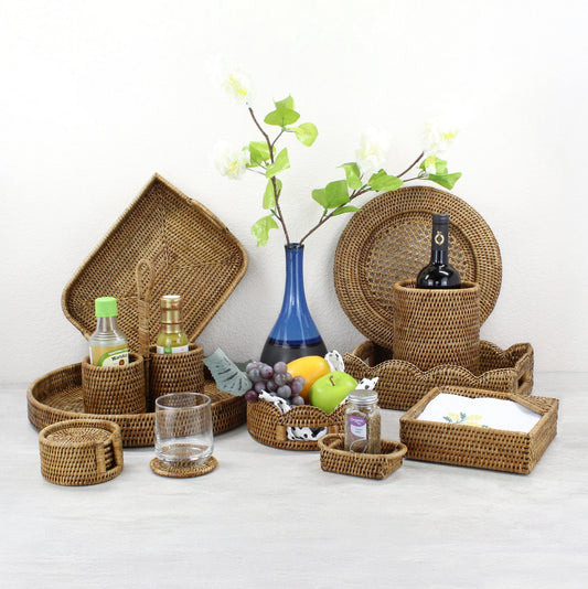 ECO HANDCRAFT brown rattan kitchen and dining decor set with wine holder, trays, baskets, and accessories.