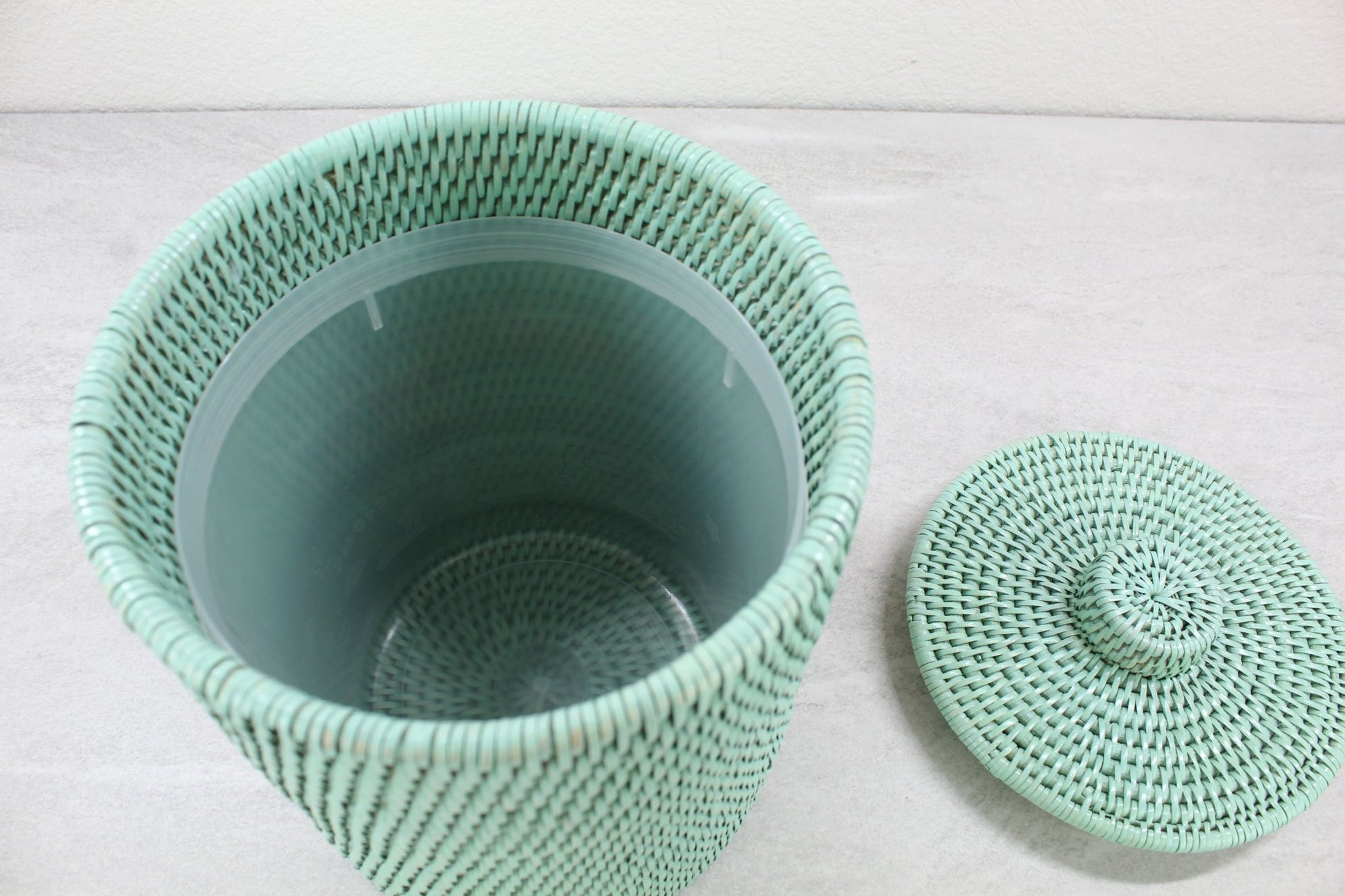 Eco Handcraft sage green rattan canister with lid and removable liner, handwoven for eco-friendly kitchen storage