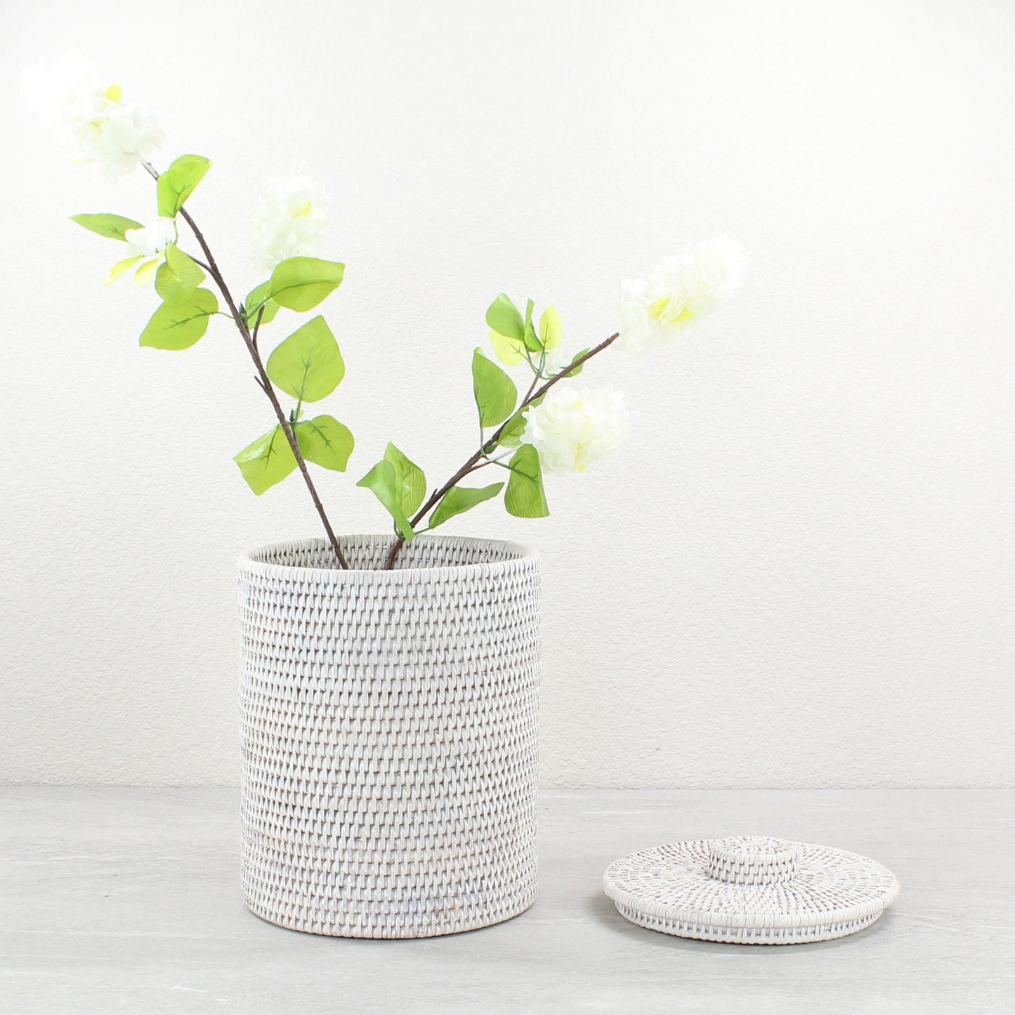 ECO HANDCRAFT whitewash rattan canister or vase with lid, perfect for floral arrangements or eco bathroom storage