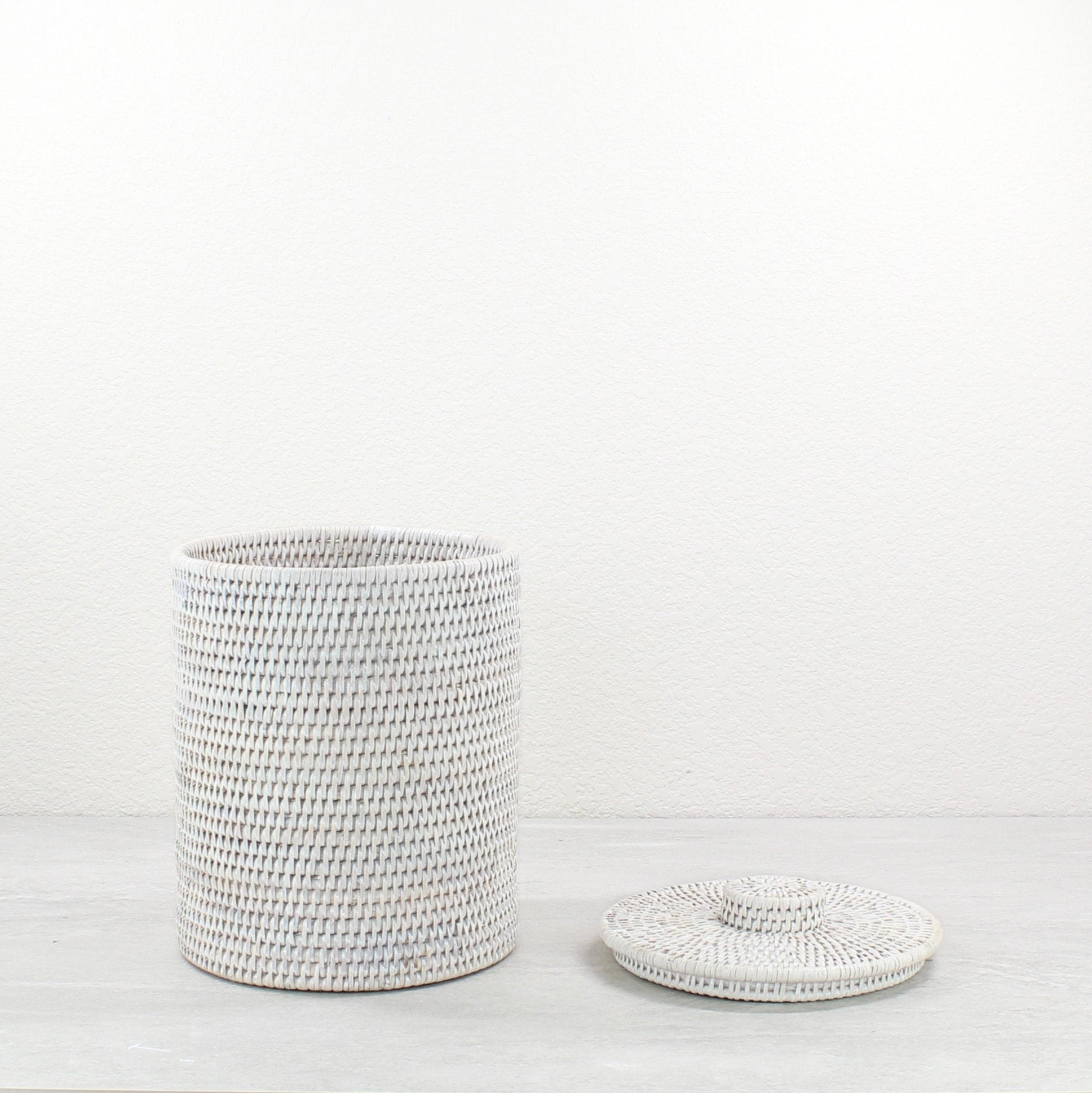 ECO HANDCRAFT tall whitewash rattan canister with lid, eco-friendly storage for towels, brushes, or dry goods