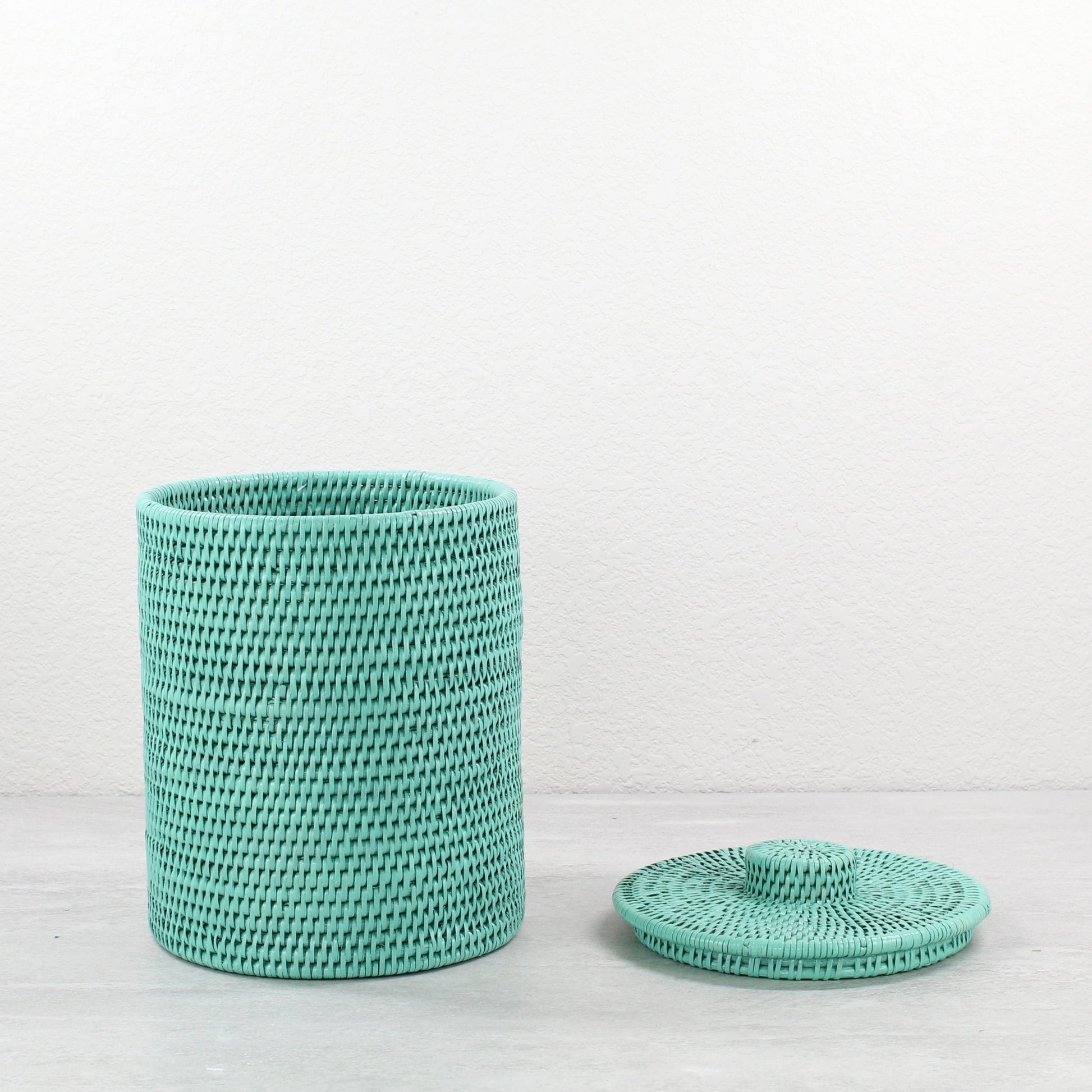 Eco Handcraft tall turquoise rattan canister with lid for stylish bathroom storage, spa display, or shelf organization