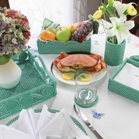 Eco Handcraft turquoise rattan tableware with crab plate, floral vase, and fruit basket for elegant dining