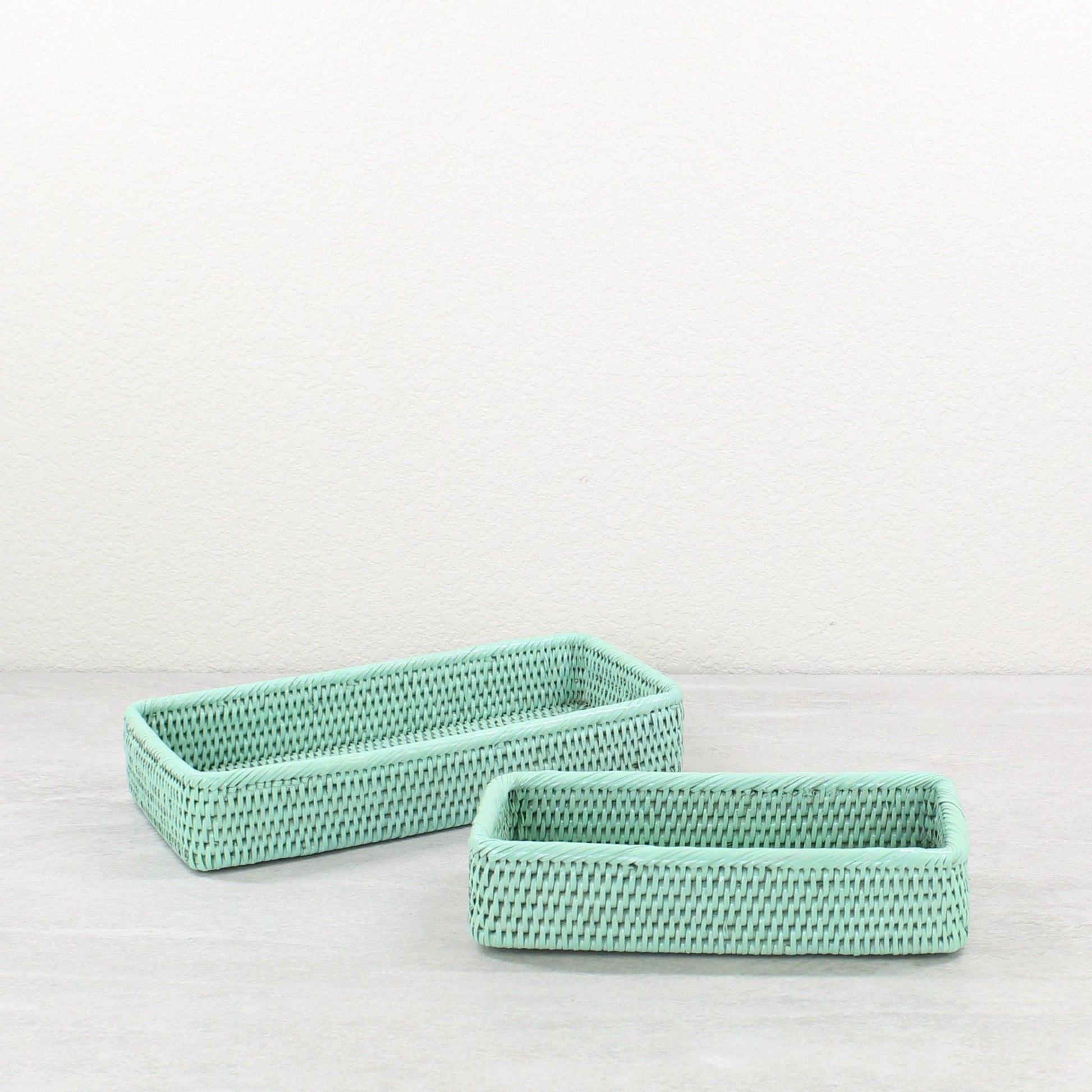 Eco Handcraft sage green rattan vanity trays, for boho and coastal bathroom or bedroom storage and countertop styling