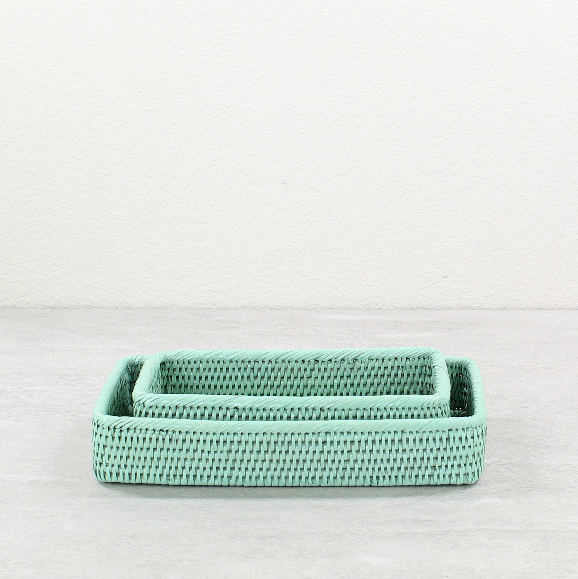 Eco Handcraft sage green rattan basket set, handmade for elegant bathroom, spa, or vanity countertop styling