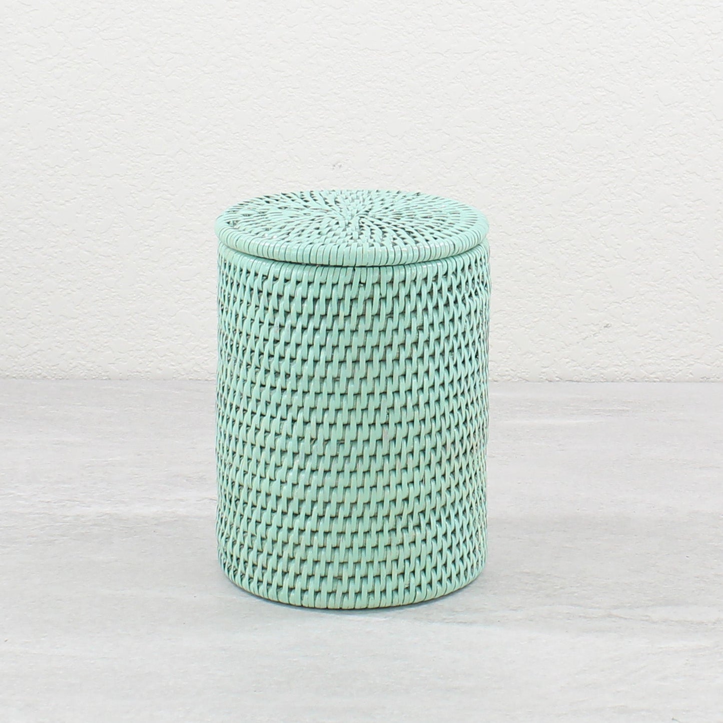 Eco Handcraft handmade rattan canister in sage green – eco-friendly bathroom storage with lid, coastal boho style