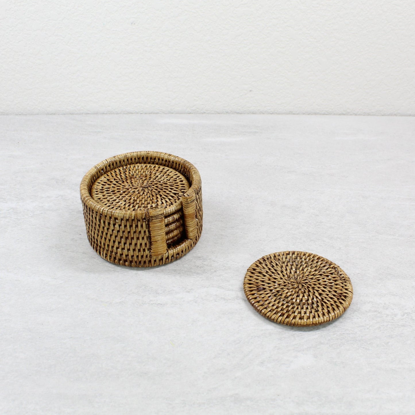Eco Handcraft tight woven round rattan coaster set with holder, honey brown finish, handmade boho coastal dining table décor