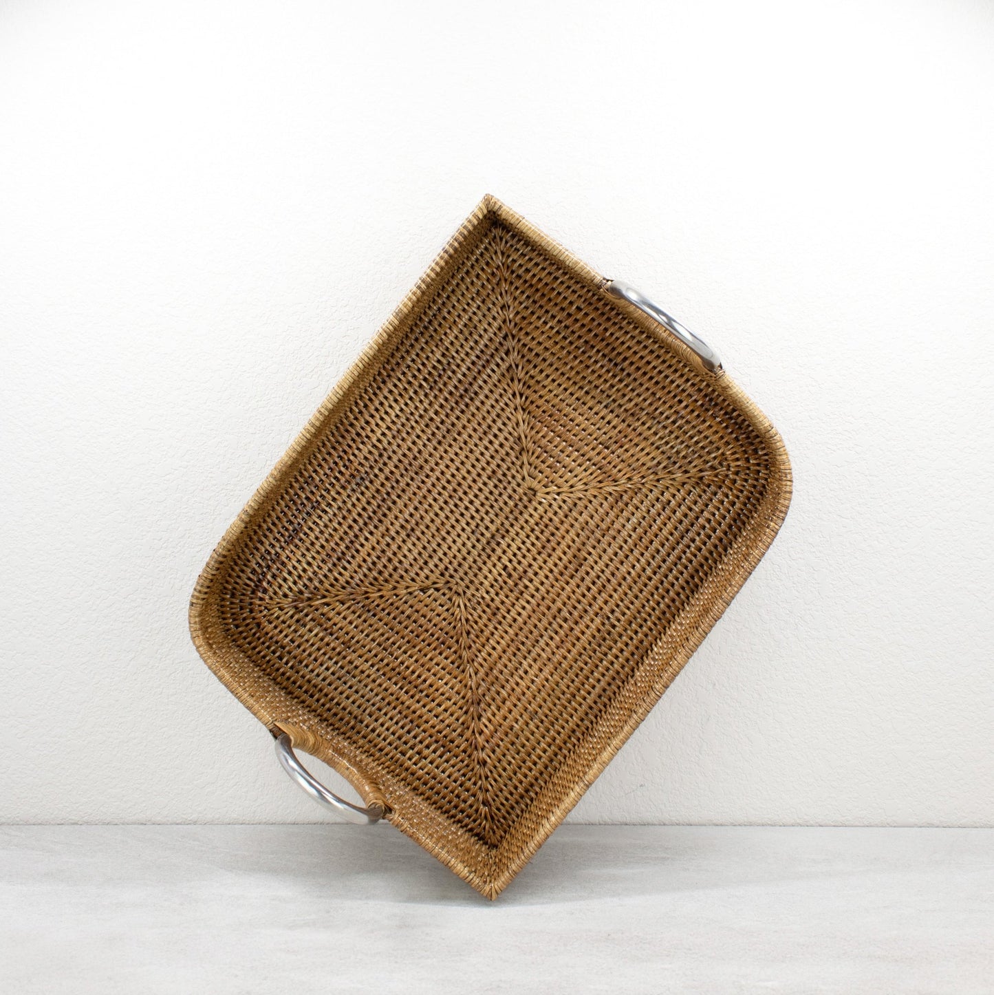 Leaf-Shaped Rattan Tray with Modern Steel Handles-Honey Brown