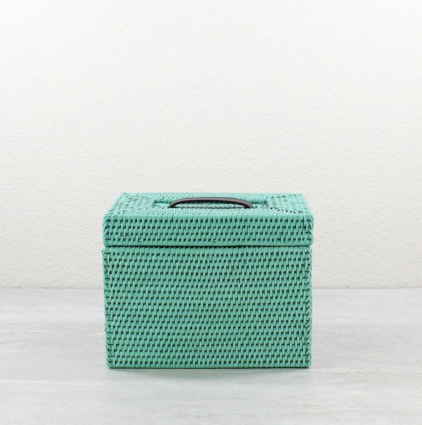 Eco Handcraft turquoise rattan storage box with lid and handle for organizing vanity, bathroom, or bedroom essentials