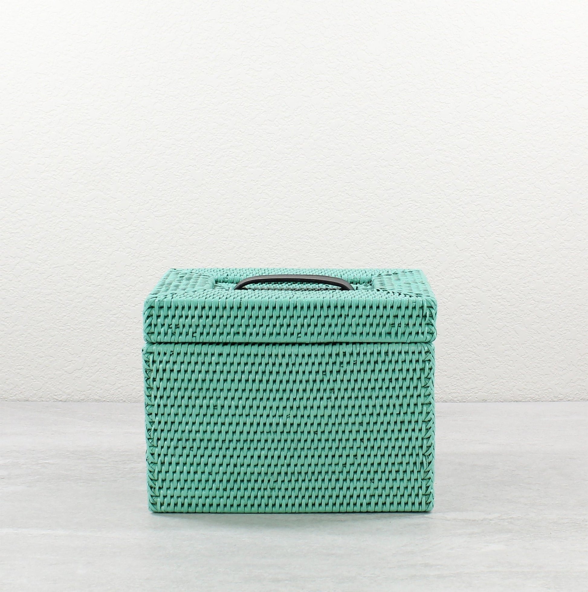 Eco Handcraft turquoise rattan storage box with lid and handle for organizing vanity, bathroom, or bedroom essentials