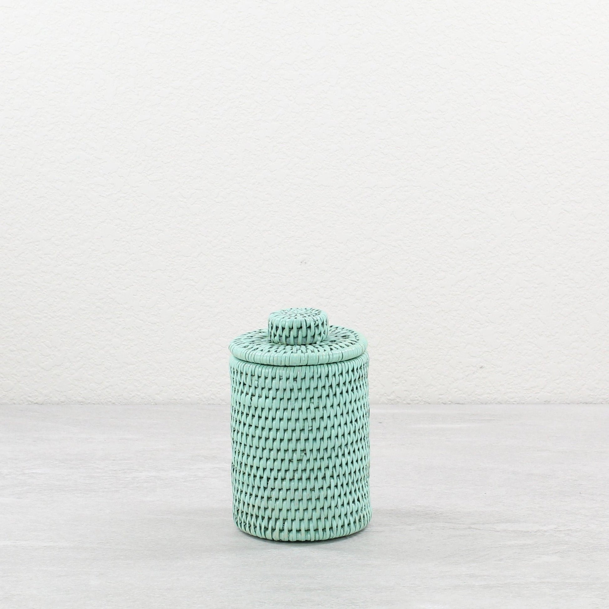 Eco Handcraft sage green rattan canister for boho and coastal home interior
