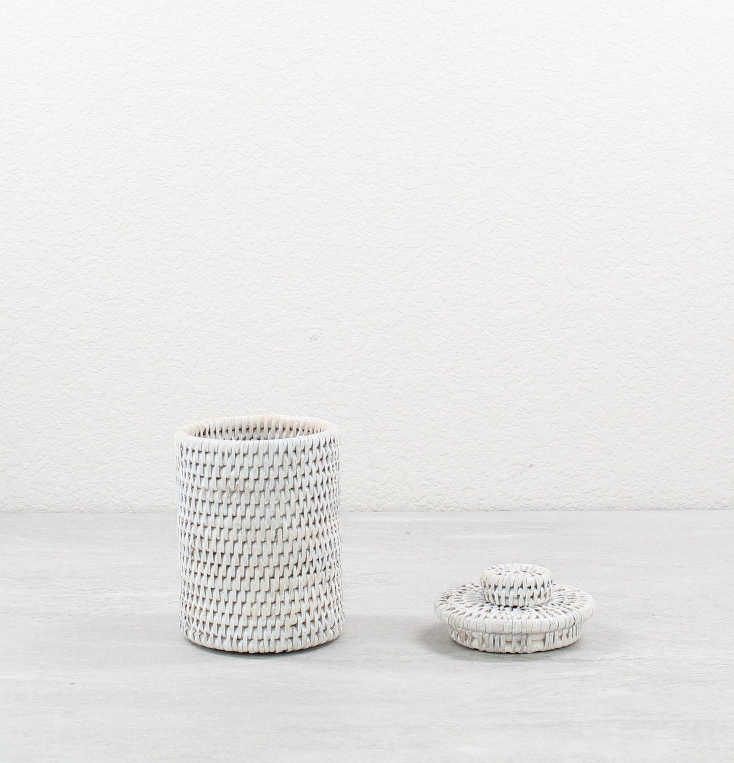 ECO HANDCRAFT whitewash rattan small canister with lid for storing cotton rounds, jewelry, or small bath items