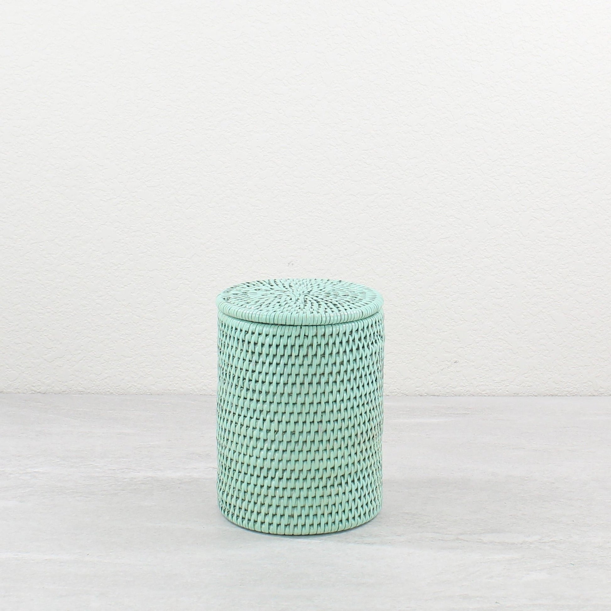 Eco Handcraft large sage green rattan canister with lid for boho and coastal home interior