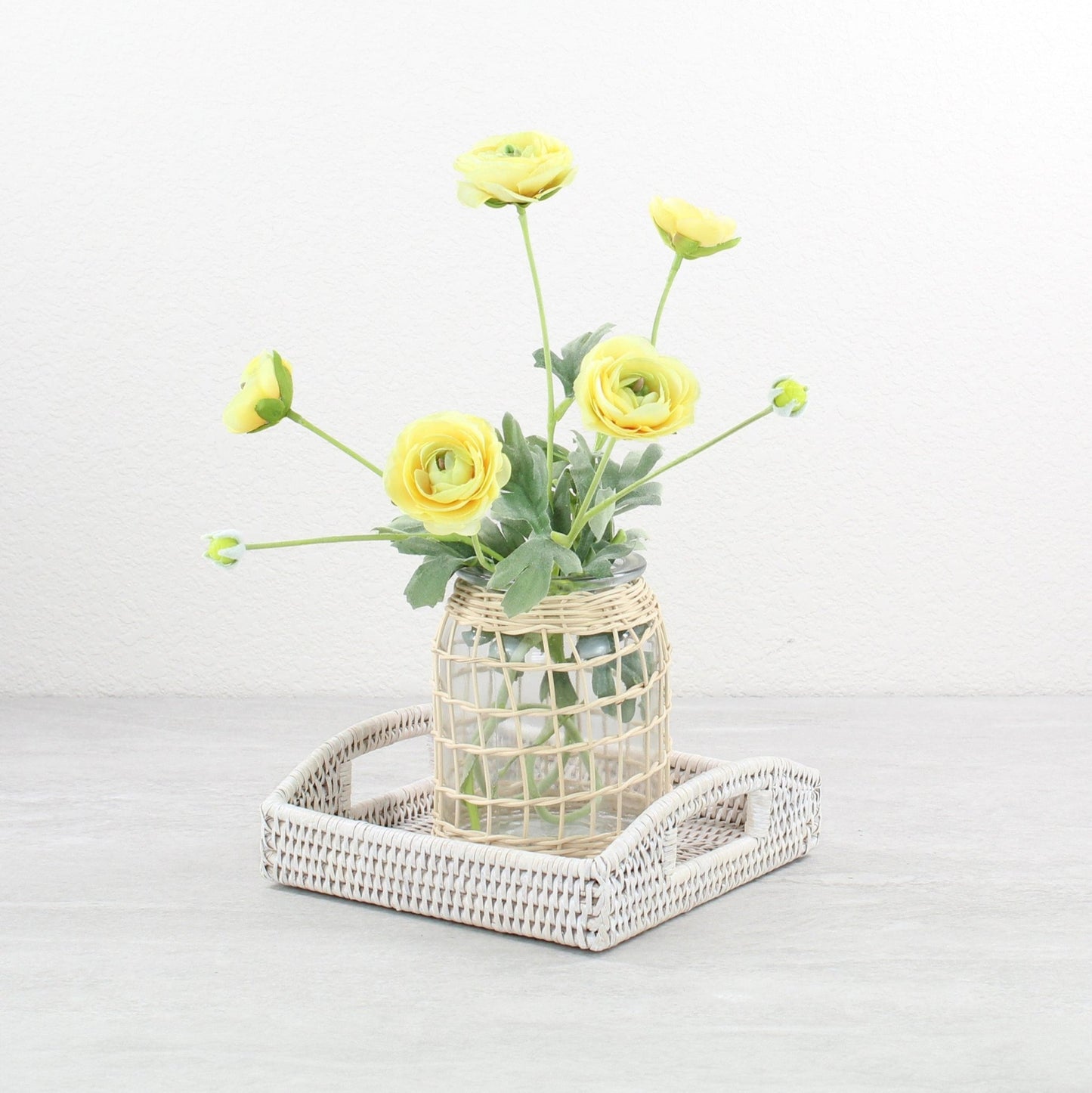 Eco Handcraft small whitewash square rattan tray styled with glass flower vase for elegant coffee table or entryway décor