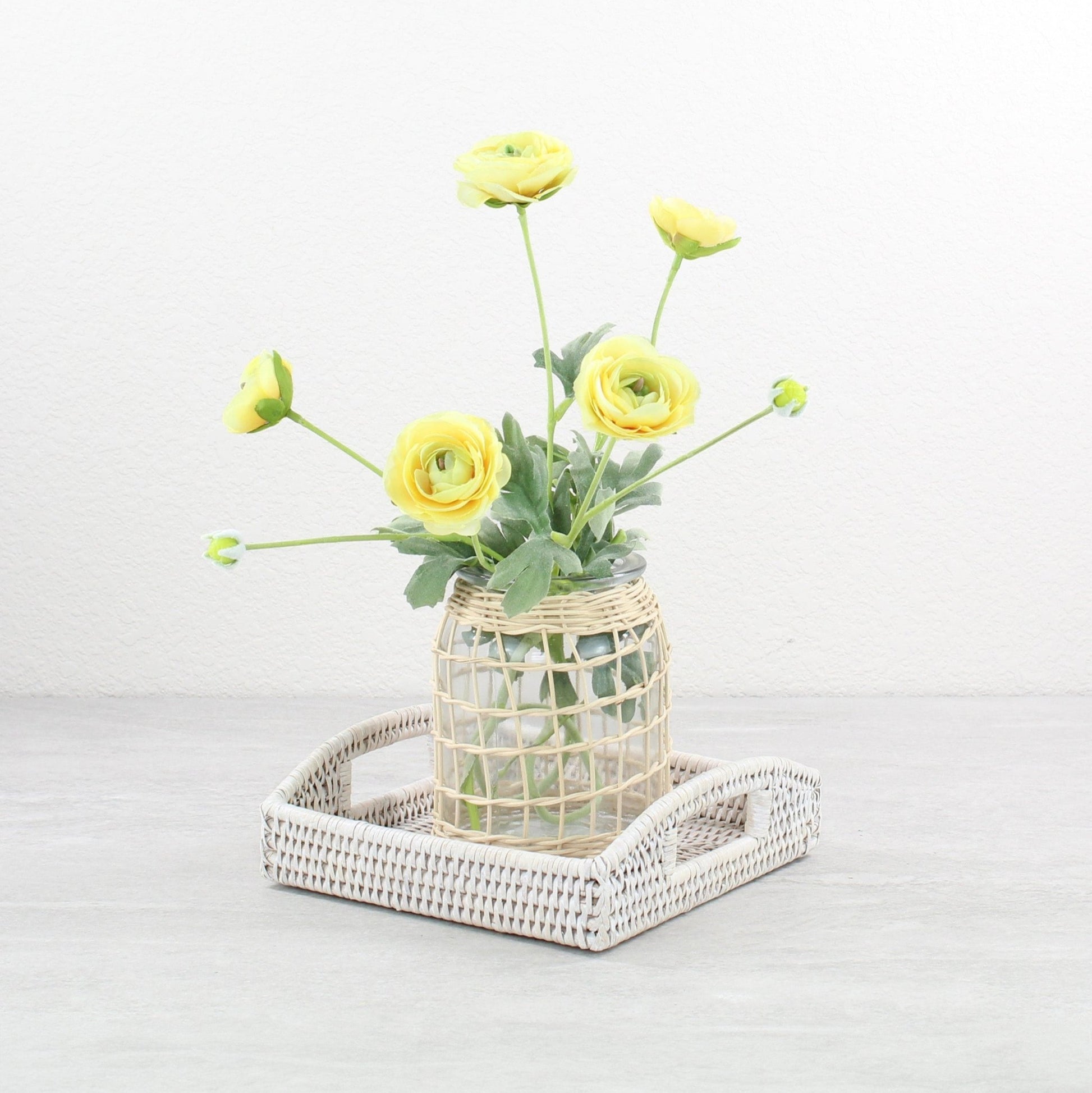 Eco Handcraft small whitewash square rattan tray styled with glass flower vase for elegant coffee table or entryway décor