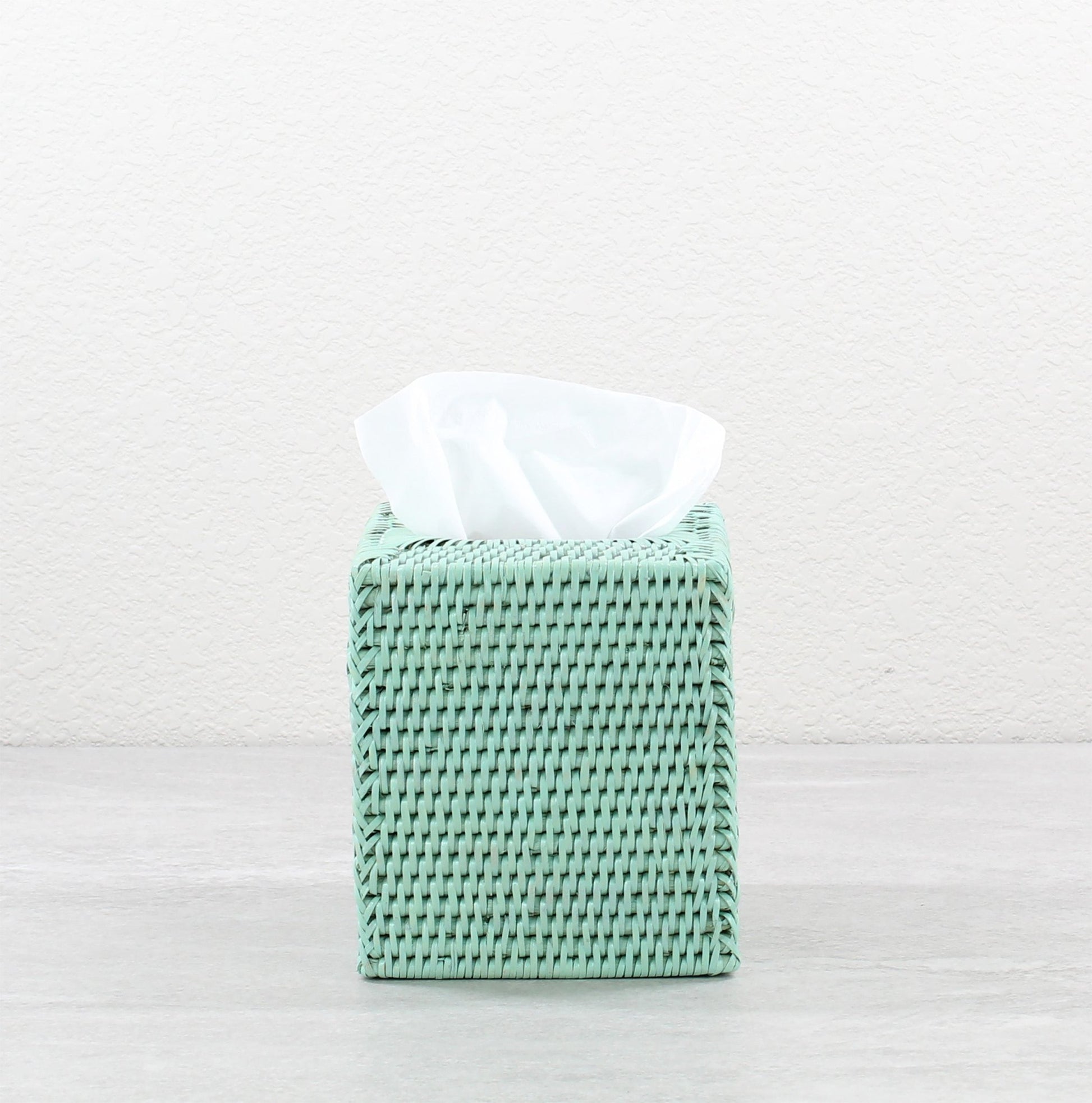 Eco Handcraft sage green rattan tissue box cover, handmade for elegant bathroom, spa, or vanity countertop styling