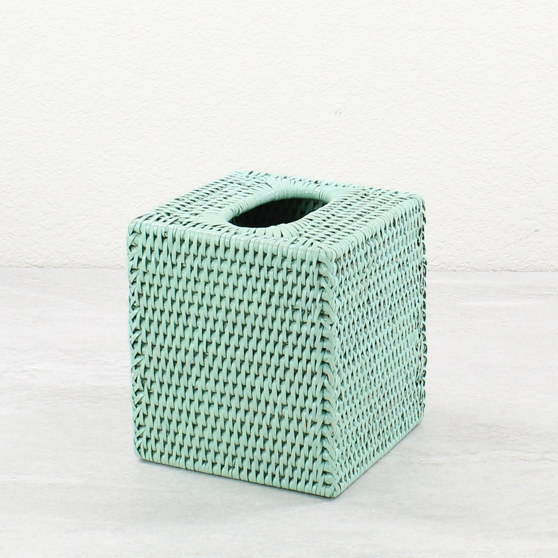 Eco Handcraft sage green rattan tissue box cover on a light gray surface