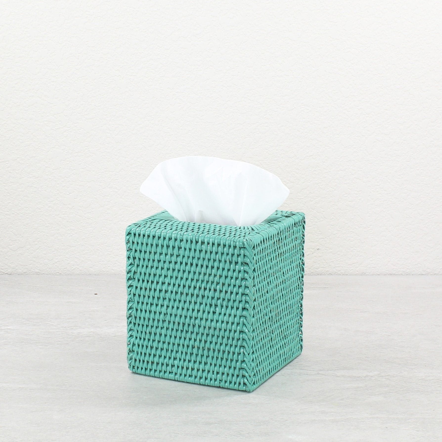 Eco Handcraft turquoise rattan tissue box cover, handmade for stylish spa, bathroom, or coastal vanity décor